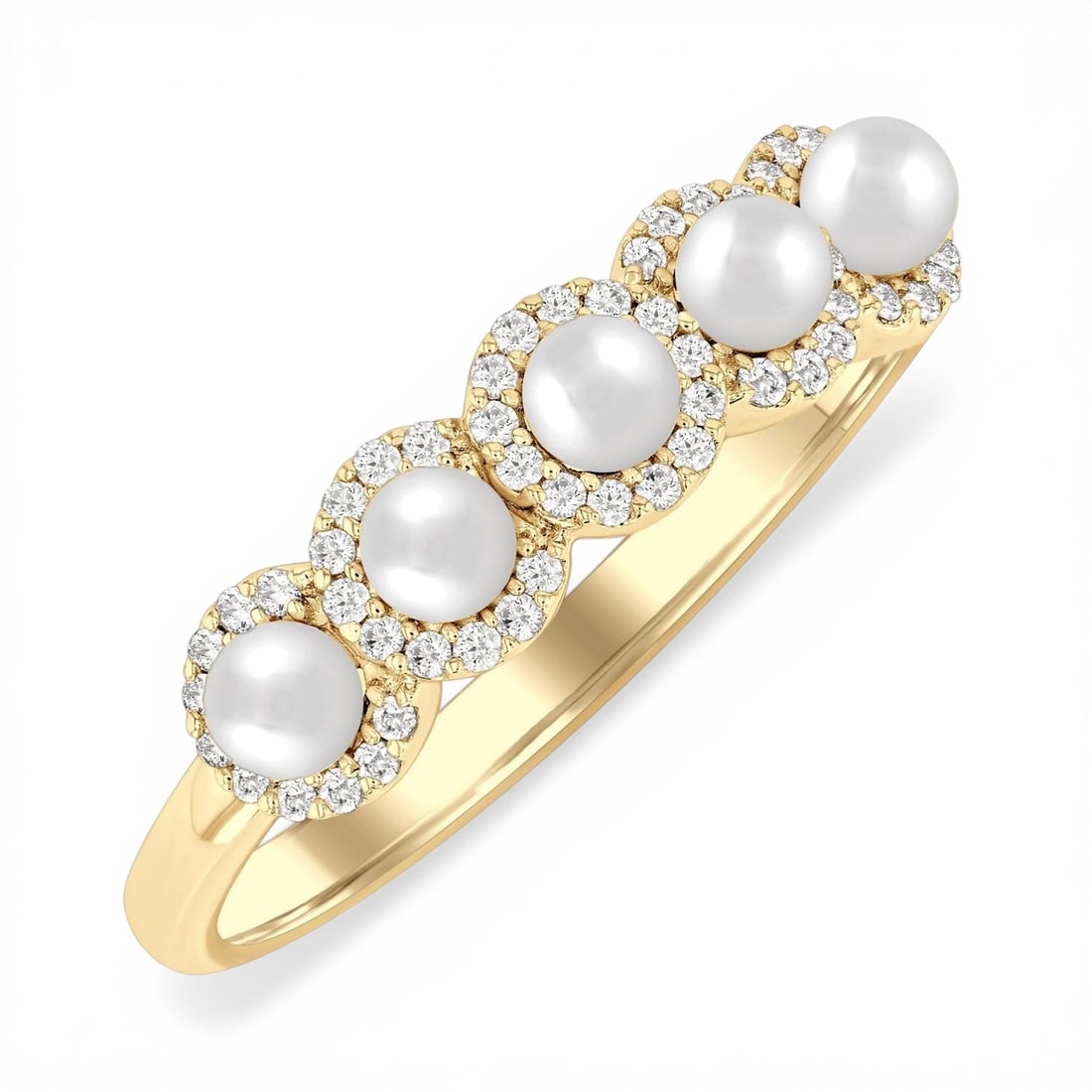 Five 3mm Pearl and 0.16ctw Diamond 14K Yellow Gold Ring: A vision of luxury, this elegant Halo ring featuring Pearl, White Diamond defines sophistication. The gemstones are nestled within a Halo framework, supported by a substantial 3.2 grams 14K Yellow Gol