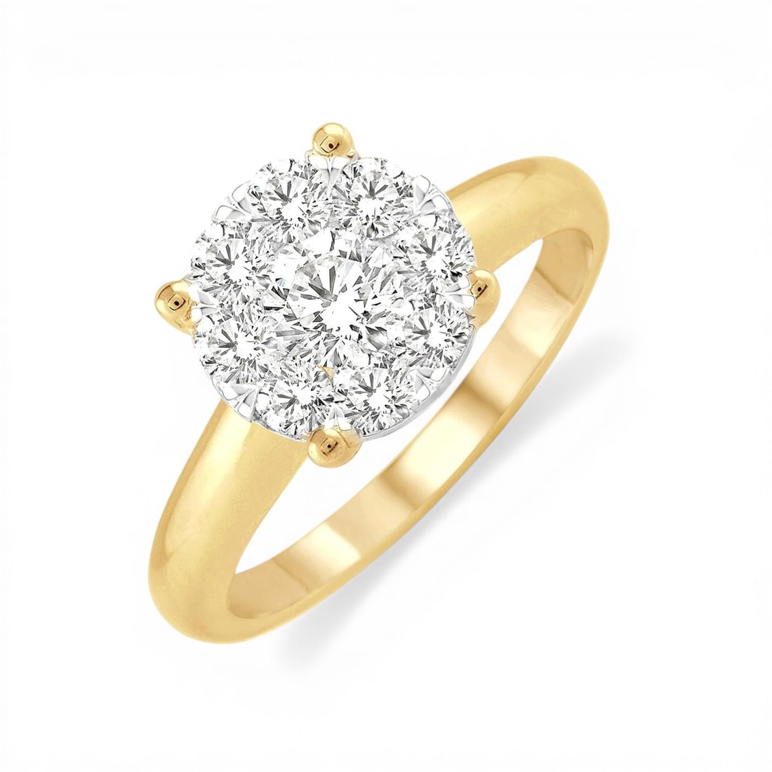 0.35ctw White Diamond Cluster 14K Yellow and White Gold Ring: An exquisite masterpiece of haute joaillerie, this magnificent Cluster ring featuring White Diamond is a true treasure. A detailed Cluster gallery secures the stones, rendered in 2.5 grams of lustrous