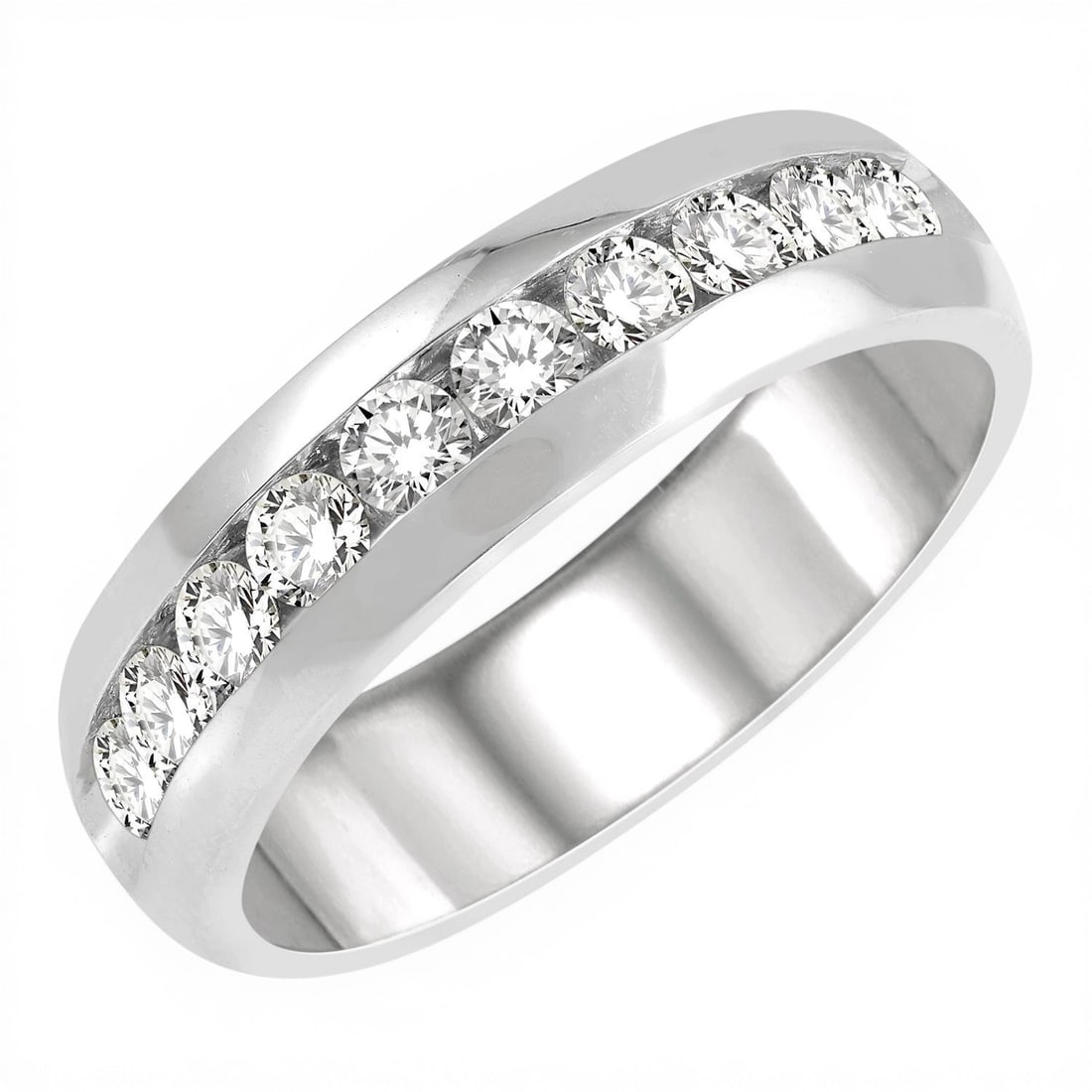 1.0ctw Round Diamond Channel Set 14K White Gold Men's Band: Captured in a moment of brilliance, this elegant Niched Center ring featuring White Diamond speaks to the connoisseur. The gemstones are nestled within a Channel-Set Band framework, supported by a sub