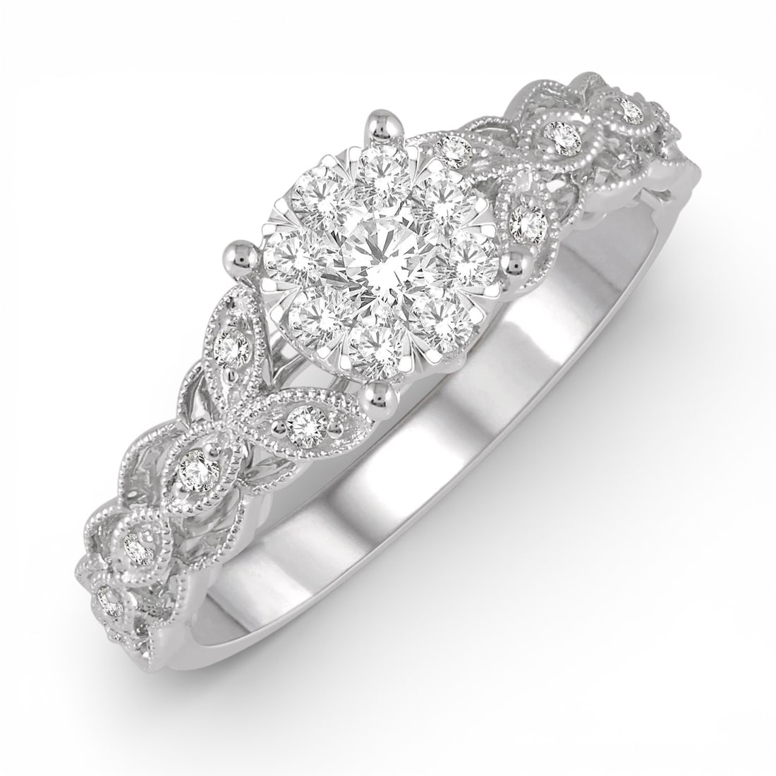 0.35ctw Diamond Cluster 14K White Gold Engagement Ring: Exuding opulence and grace, this elegant Cluster ring featuring Natural Diamonds is crafted for the distinguished. Crafted with precision, the Cluster setting is seamlessly integrated into 3.45 grams
