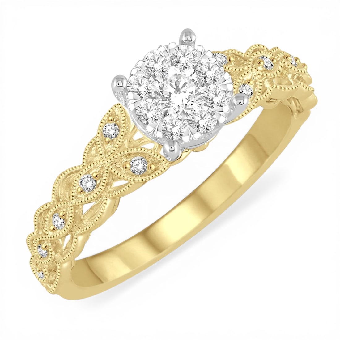 0.35ctw White Diamond Cluster Engagement 14K Yellow & White Gold Ring: A vision of luxury, this magnificent Cluster ring featuring White Diamond defines sophistication. Securely held in a classic Cluster design, the ring is forged from 3.45 grams of high-polish 14K Yello