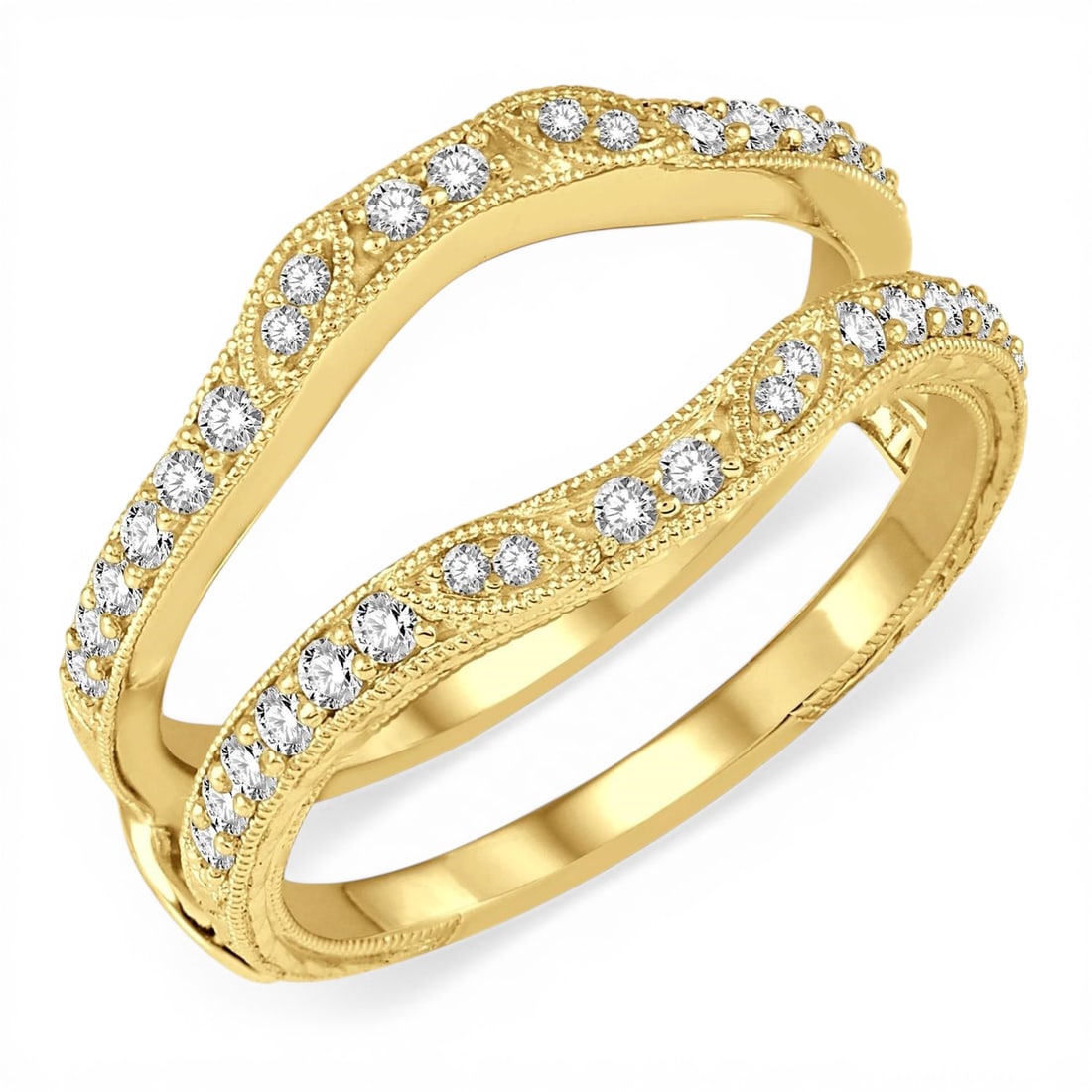 0.36ctw Round Diamond Insert Ring 14K Yellow Gold: Rare and radiant, this magnificent milgrain ring featuring White Diamond offers a touch of the extraordinary. Showcasing the gems in an Insert arrangement, the ring consists of 3.95 grams of 14K Yello