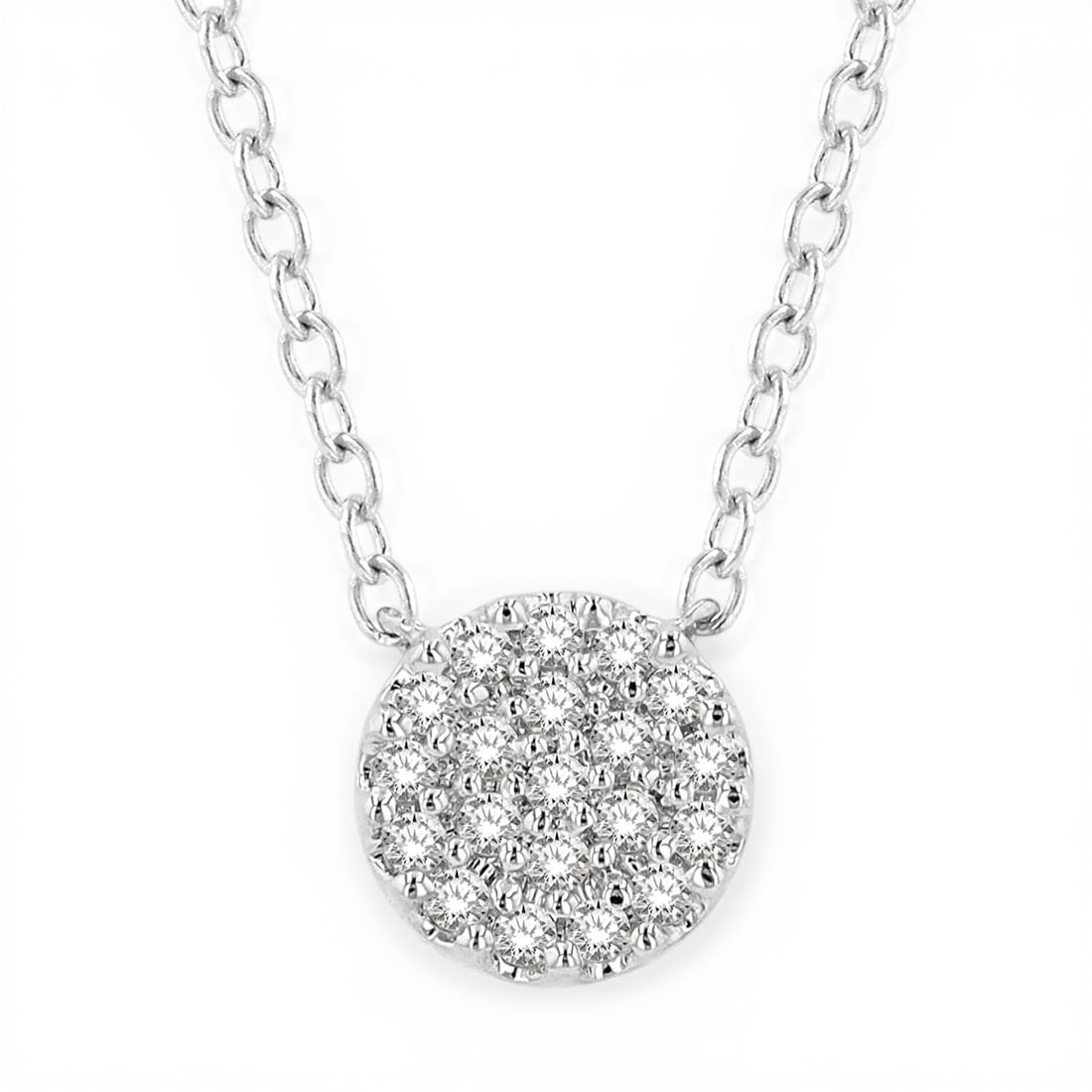 0.12ctw Diamond Petite Disc 10K White Gold Pendant Necklace: A testament to superior craftsmanship, this elegant Disc Shape pendant necklace featuring White Diamonds is unparalleled. Crafted with precision, the Cluster setting is seamlessly integrated into 0.45