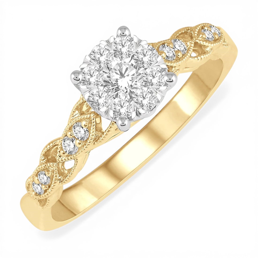 0.38ctw Diamond Cluster Two-Tone Lattice 14K Yellow and White Gold Ring: Epitomizing grandeur, this magnificent Lattice ring featuring Natural Diamonds stands as a beacon of refined taste. A detailed Cluster gallery secures the stones, rendered in 3.3 grams of lustrous 14K