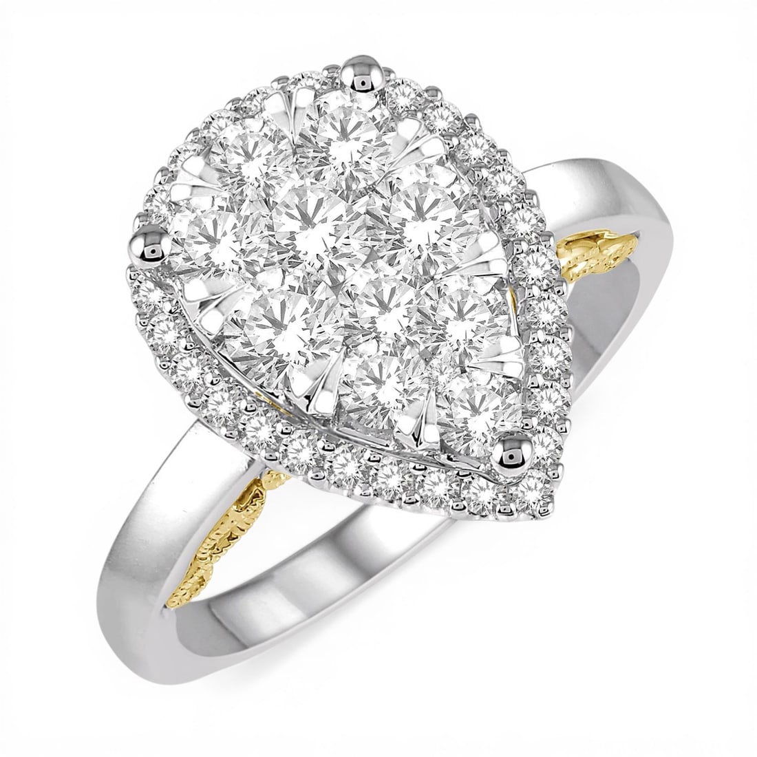1.01ctw Diamond Cluster Halo 14K White & Yellow Gold Engagement Ring: An exquisite masterpiece of haute joaillerie, this elegant Cluster Halo ring featuring White Diamond is a true treasure. Showcasing the gems in a Halo arrangement, the ring consists of 5.2 grams of 14