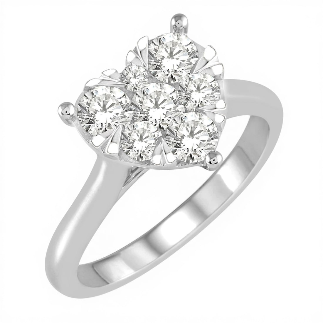 1.01ctw White Diamond Heart Cluster 14K White Gold Ring: Exuding opulence and grace, this elegant Heart Shaped Cluster ring featuring White Diamond is crafted for the distinguished. Crafted with precision, the Cluster setting is seamlessly integrated into 3