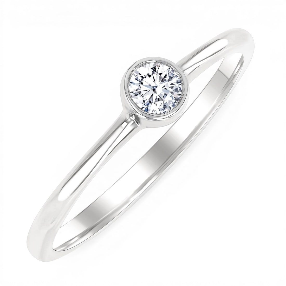 0.16ctw Diamond Bezel Set Solitaire 10K White Gold Ring: Exuding opulence and grace, this exquisite Bezel Set ring featuring White Diamond is crafted for the distinguished. A detailed Solitaire gallery secures the stones, rendered in 1.55 grams of lustrous