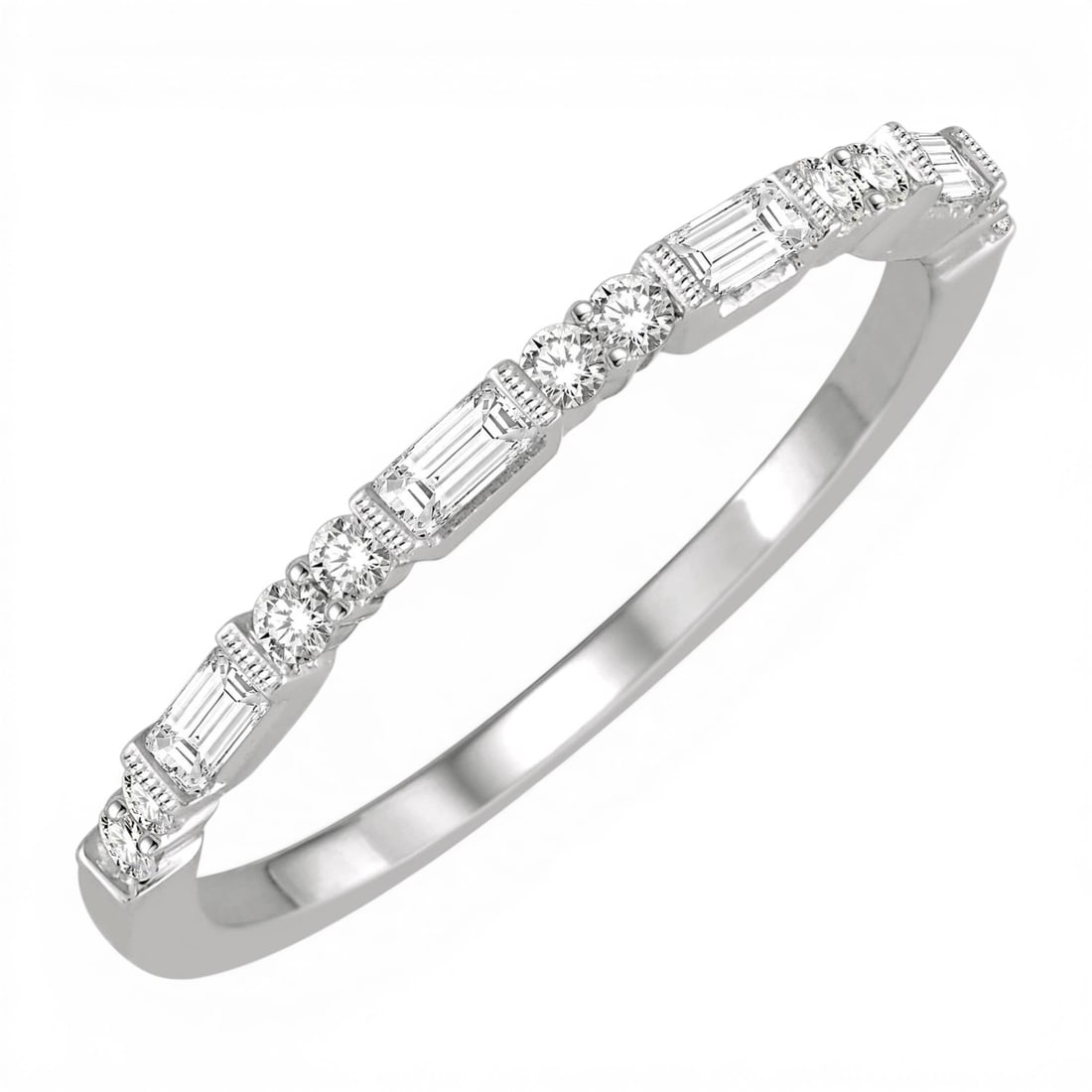0.30ctw Baguette and Round Diamond 14K White Gold Ring: Timeless and sophisticated, this elegant Wedding Band ring featuring White Diamond radiates enduring beauty. The gemstones are nestled within a Half-Eternity framework, supported by a substantial 1.4
