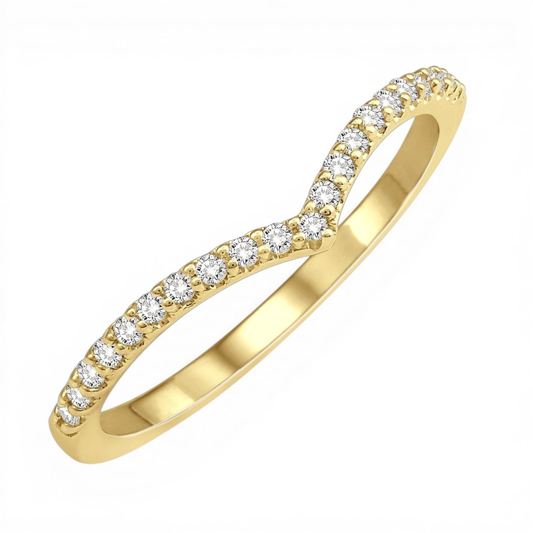 0.16ctw Round Cut Diamond Curve V-Drop 14K Yellow Gold Ring: A testament to superior craftsmanship, this elegant Curve V-Drop ring featuring Natural Diamonds is unparalleled. A detailed Chevron Band gallery secures the stones, rendered in 1.8 g of lustrous 14K