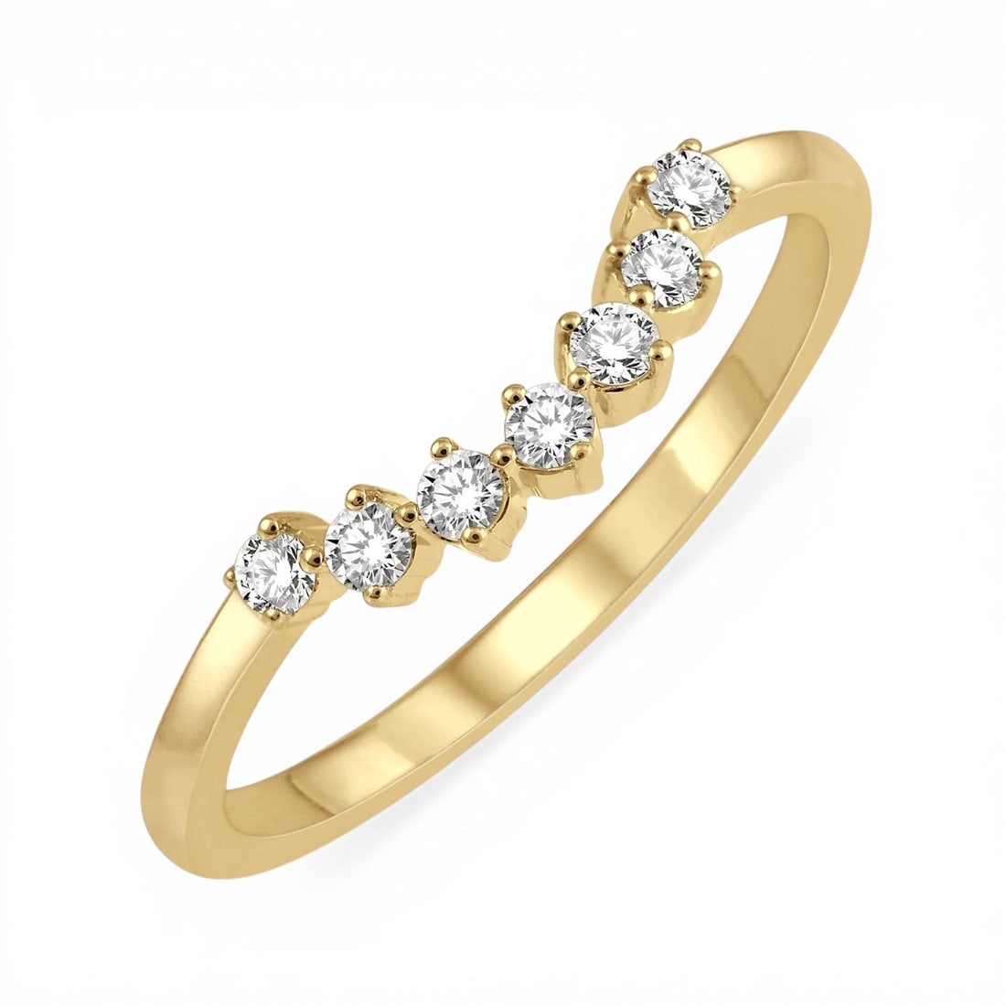 0.17ctw Vintage Curved Diamond 14K Yellow Gold Wedding Band: Rare and radiant, this elegant Vintage Circular Mount Curved Center ring featuring White Diamond offers a touch of the extraordinary. Showcasing the gems in a Contour arrangement, the ring consists of