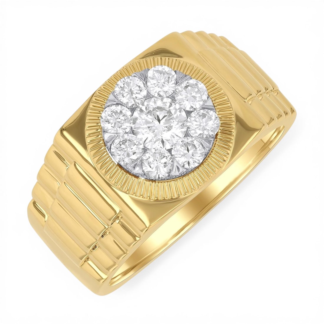 1.05ctw Cluster White Diamond Men's Ring 10K Yellow & White Gold: Defining modern elegance, this magnificent Cluster, Flat Top ring featuring White Diamond captures the essence of style. Expertly mounted in a Cluster setting, the ring is crafted in 7.4 grams of soli
