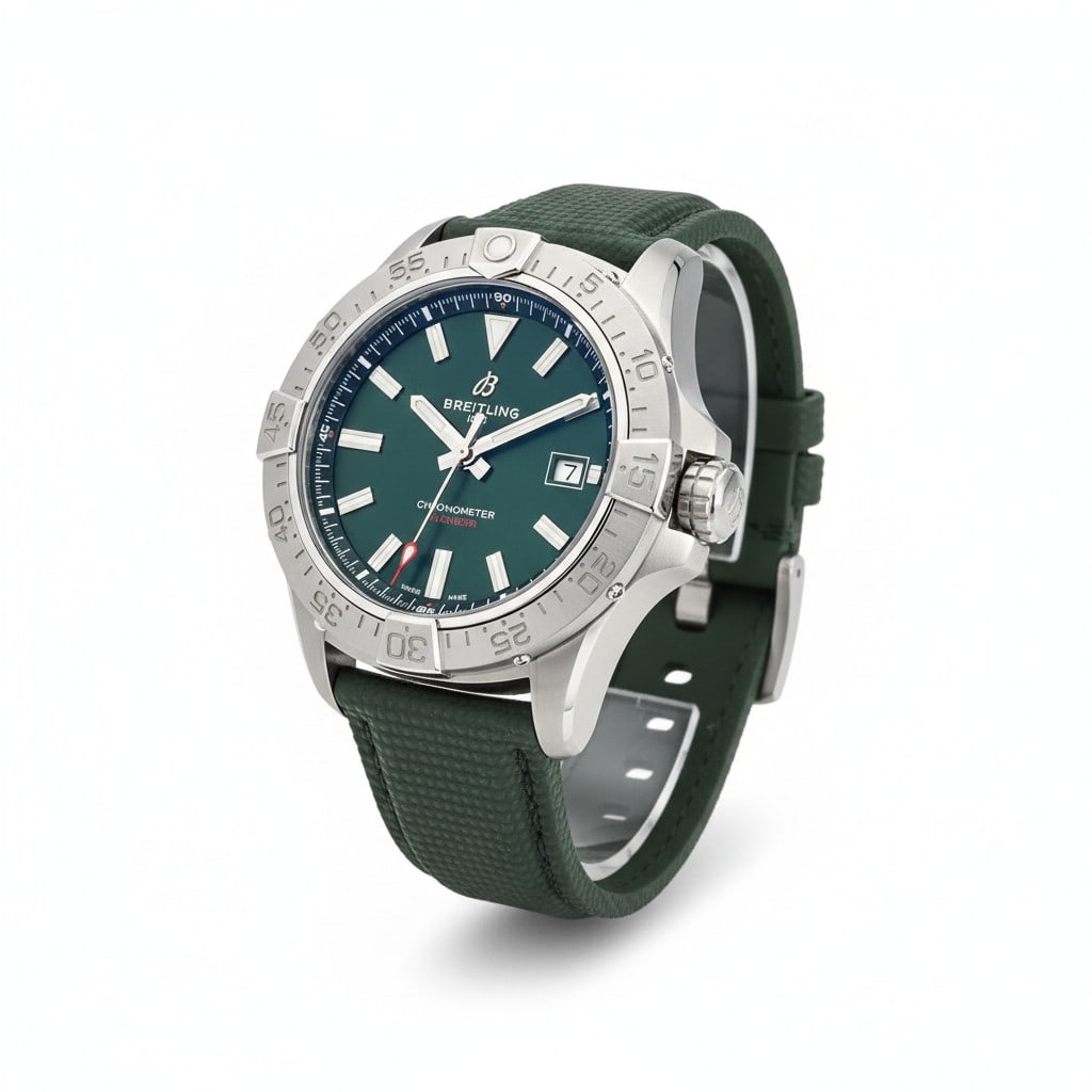 Breitling Avenger Automatic 42mm Green Dial A17328 Box & Papers: The Breitling Avenger Automatic 42, Reference A17328 is a rugged, aviation-inspired timepiece featuring a bold military-green dial with a matte finish to reduce glare. It is equipped with silver-tone