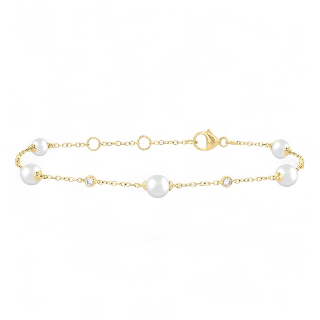 5 MM Cultured Pearls and 0.14 Ctw Fashion Station White Diamond Modern 14K Yellow Gold Bracelet -: Epitomizing grandeur, this stunning Fashion Station bracelet featuring Natural Diamonds and Pearls stands as a beacon of refined taste. A detailed Bezel gallery secures the stones, rendered in 0.98 gr