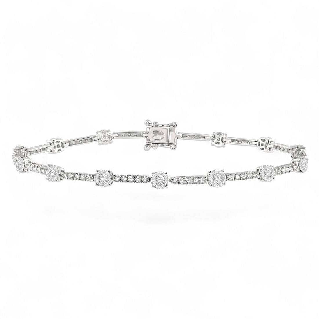 1.79 Ctw Cluster Bar Tennis Diamond Modern 14K White Gold Bracelet - Certified: Defining modern elegance, this magnificent Cluster Bar Tennis bracelet featuring Natural Diamonds captures the essence of style. The gemstones are nestled within a Cluster framework, supported by a su