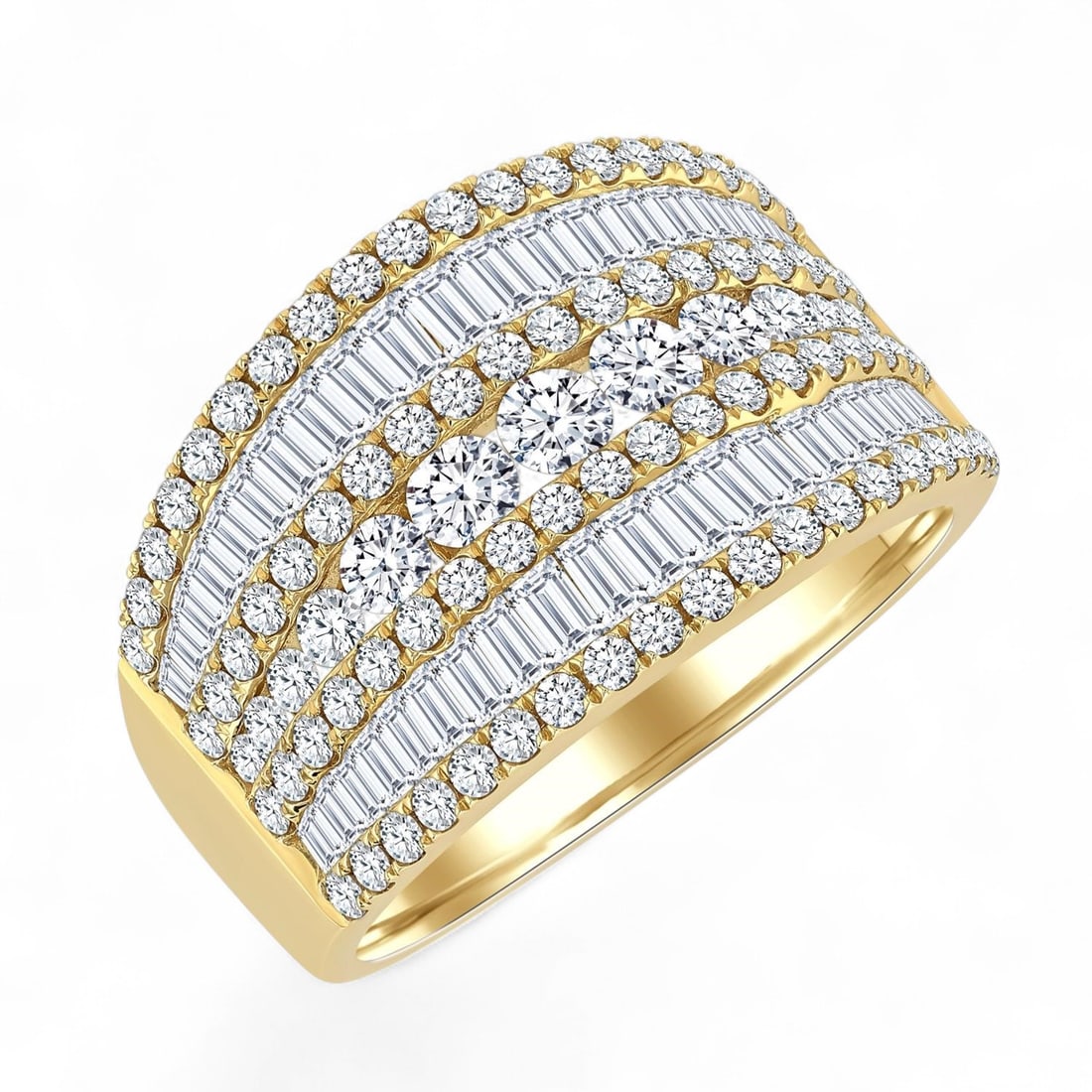 1.99 Ctw Split Middle Baguette Round Cut Fashion Wide Band White Diamond Modern 14K Yellow Gold Ring: A symphony of light and color, this magnificent Split Middle Baguette and Round Cut Diamond Fashion Wide Band ring featuring Natural Diamonds embodies the pinnacle of luxury. Expertly mounted in a Ban