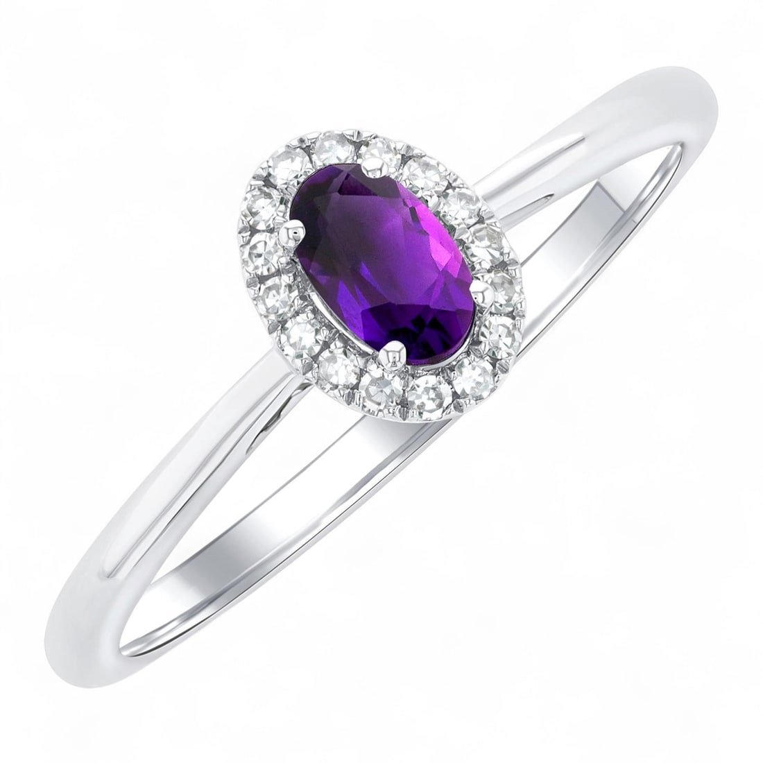 5x3 MM Amethyst and 0.07 Ctw Halo White Diamond Modern 10K White Gold Ring - Certified: Timeless and sophisticated, this elegant Halo ring featuring Natural Diamonds and Amethyst radiates enduring beauty. Securely held in a classic Halo design, the ring is forged from 1.25 grams of high-