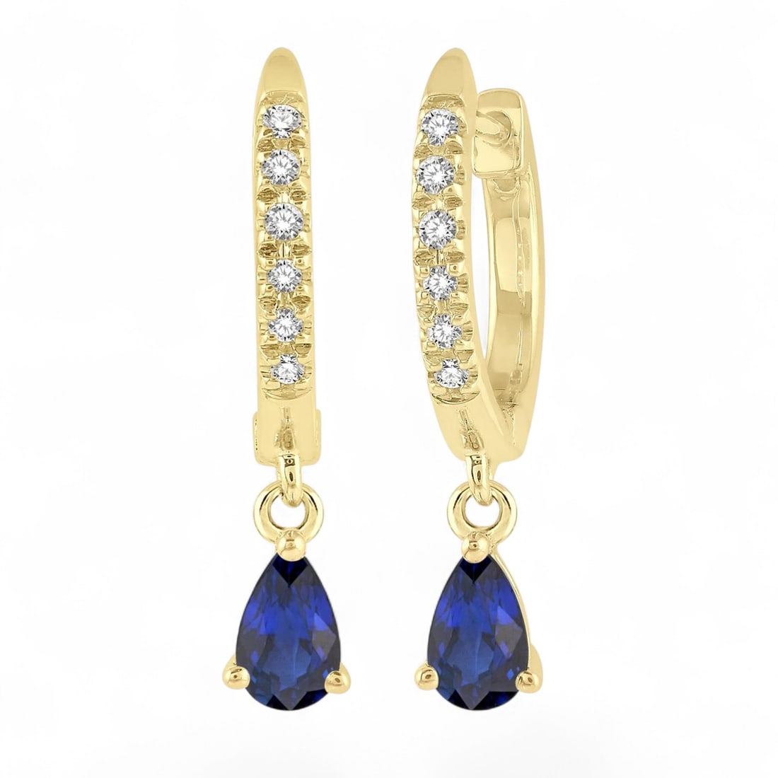 5x3 MM Blue Sapphire and 0.12 Ctw Petite Huggie White Diamond Modern 10K Yellow Gold Earrings -: Epitomizing grandeur, this stunning Petite Fashion Huggie pair of earrings featuring Natural Diamonds and Sapphires stands as a beacon of refined taste. Showcasing the gems in a Hoop arrangement, the