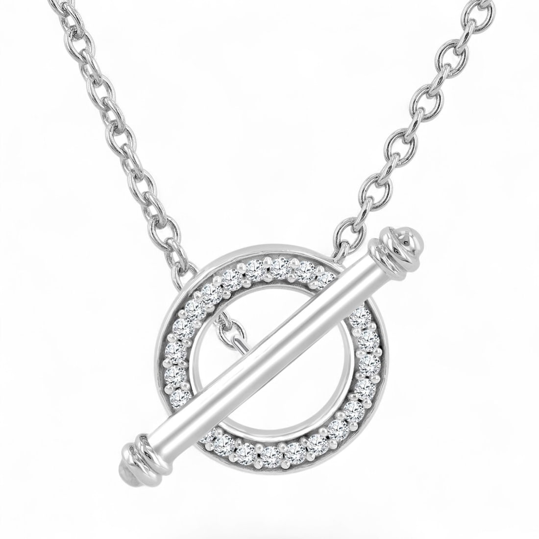 0.13 Ctw Circle Toggle Diamond Modern 10K White Gold Necklace - Certified: A vision of luxury, this stunning Circle Toggle necklace featuring Natural Diamonds defines sophistication. Expertly mounted in a Toggle setting, the necklace is crafted in 1.9 grams of solid 10K Whit