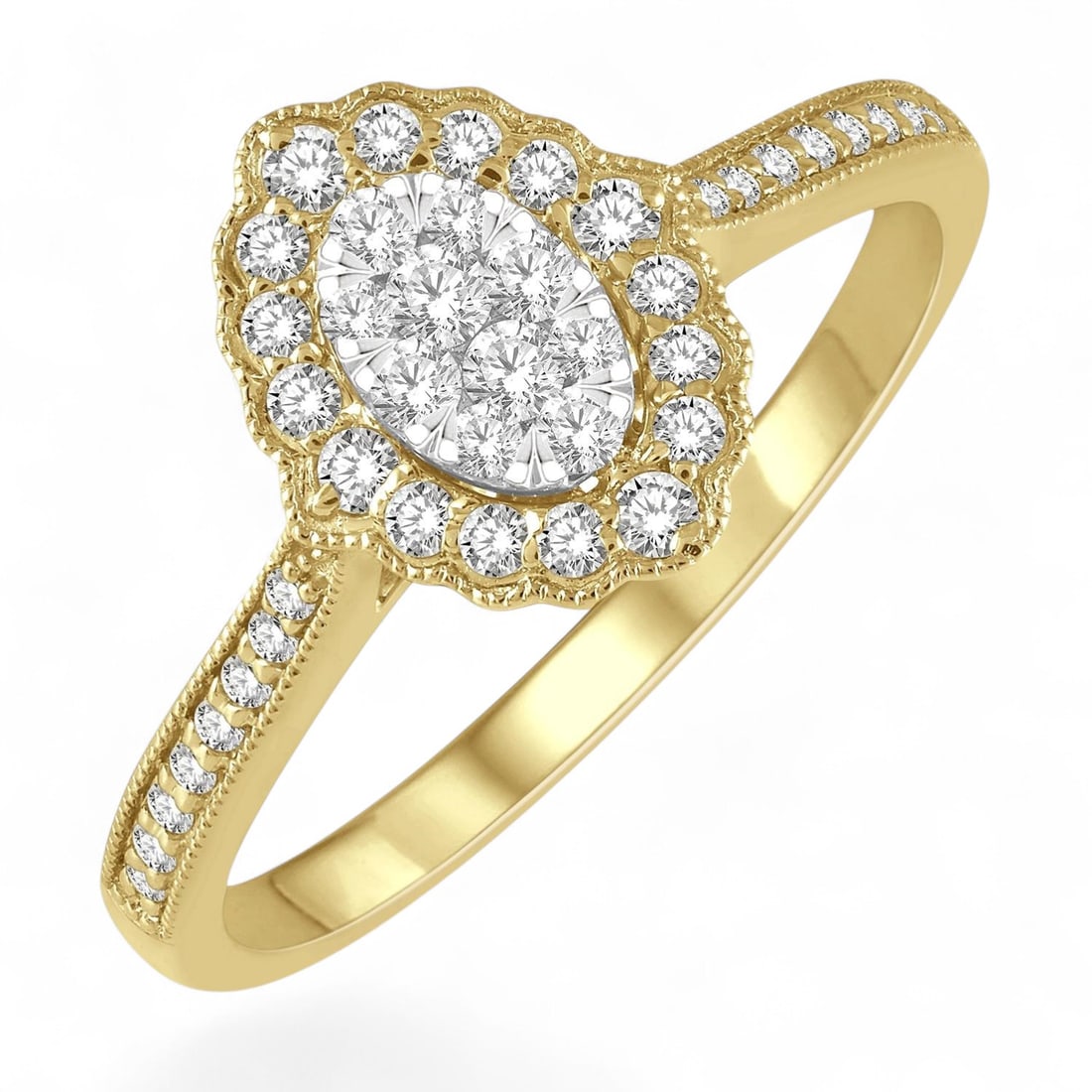 0.32 Ctw Oval Lattice Cluster White Diamond Edwardian 14K Yellow And White Gold Ring - Certified: An exquisite masterpiece of haute joaillerie, this magnificent Oval Lattice Cluster ring featuring Natural Diamonds is a true treasure. Showcasing the gems in an Oval Lattice arrangement, the ring con