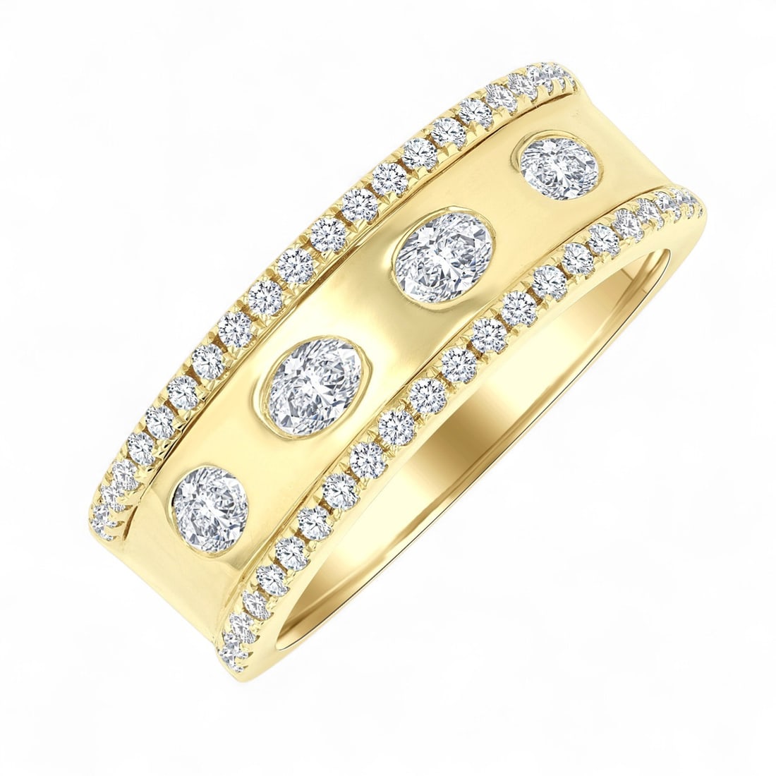 0.67 Ctw Wide 4-Stone Oval & Round Cut Fashion Diamond Modern 14K Yellow Gold Ring - Certified: Exuding opulence and grace, this magnificent Wide 4-Stone Oval & Round Cut Fashion Band ring featuring Natural Diamonds is crafted for the distinguished. Crafted with precision, the Band setting is se