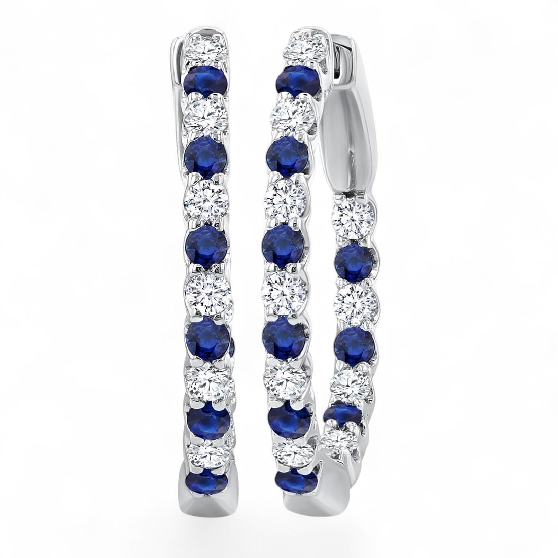 1.8 MM Blue Sapphire and 0.54 Ctw Inside-Out Hoop White Diamond Modern 14K White Gold Earrings -: A symphony of light and color, this stunning Inside-Out Hoop pair of earrings featuring Natural Diamonds and Sapphires embodies the pinnacle of luxury. Expertly mounted in a Prong setting, the earring