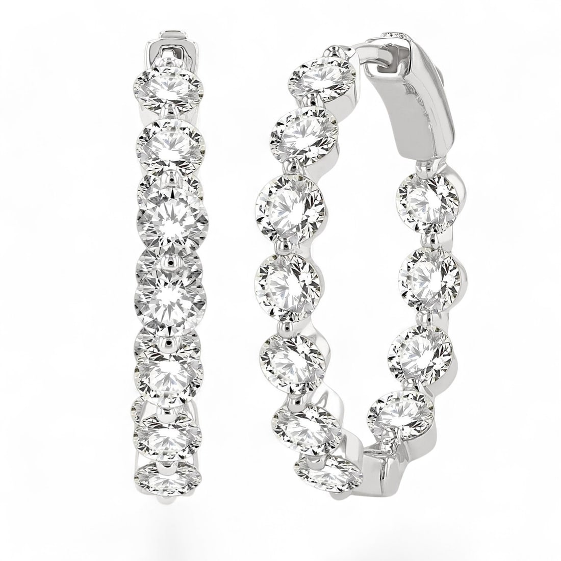 4.07 Ctw Inside-Out Hoop White Diamond Romantic 14K White Gold Earrings - Certified: Captured in a moment of brilliance, this stunning Inside-Out Single Prong Set Round Cut Hoop pair of earrings featuring Natural Diamonds speaks to the connoisseur. Securely held in a classic Prong des