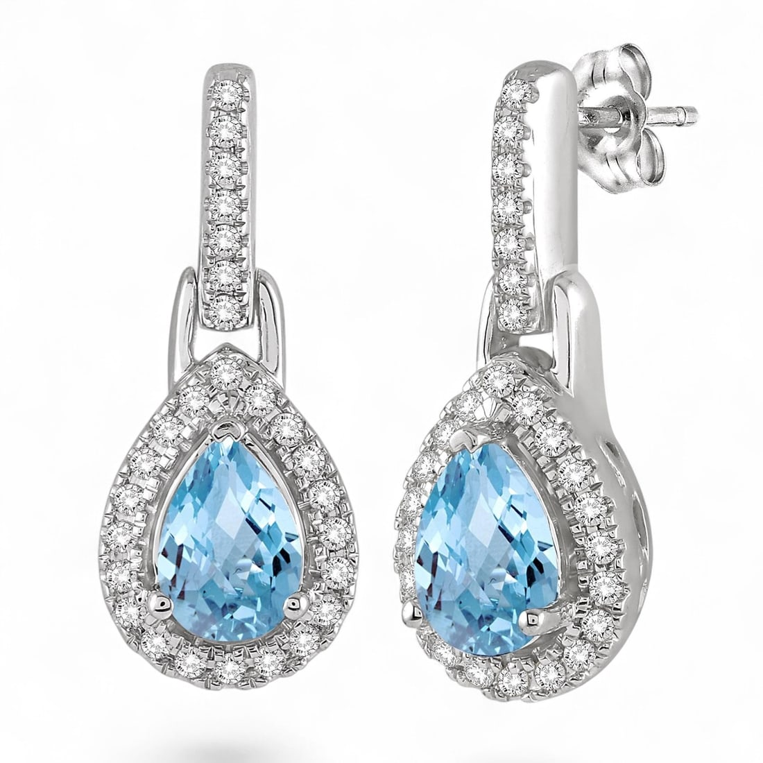 6x4 MM Aquamarine and 0.2 Ctw Pear Shape Halo White Diamond Modern 10K White Gold Earrings -: A testament to superior craftsmanship, this stunning Pear Shape Halo pair of earrings featuring Natural Diamonds and Aquamarines is unparalleled. Showcasing the gems in a Halo arrangement, the earring
