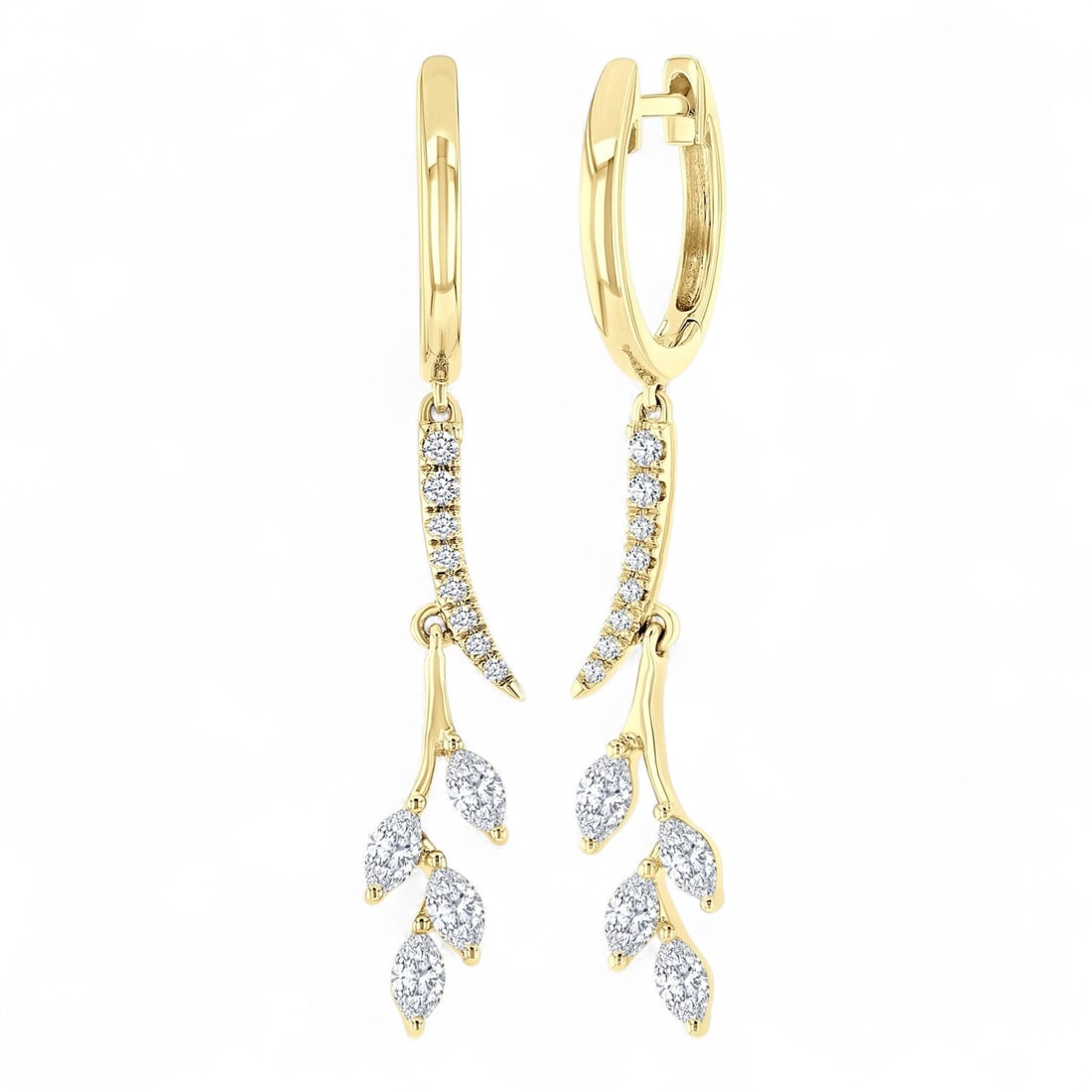 0.53 Ctw Leaf Dangler Hoop White Diamond Modern 14K Yellow Gold Earrings - Certified: Rare and radiant, this stunning Nature-inspired Leaf Dangler Hoop pair of earrings featuring Natural Diamonds offers a touch of the extraordinary. Crafted with precision, the Hoop with Dangle setting
