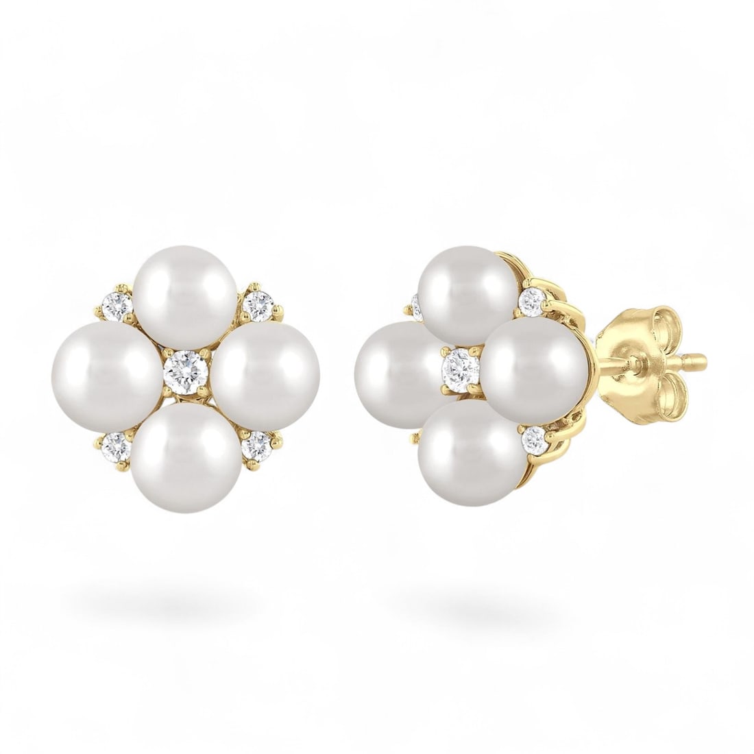 4 MM Cultured Pearls and 0.1 Ctw Floral Stud White Diamond Modern 10K Yellow Gold Earrings -: Rare and radiant, this elegant Floral Stud pair of earrings featuring Cultured Pearls and Natural Diamonds offers a touch of the extraordinary. A detailed Cluster gallery secures the stones, rendered