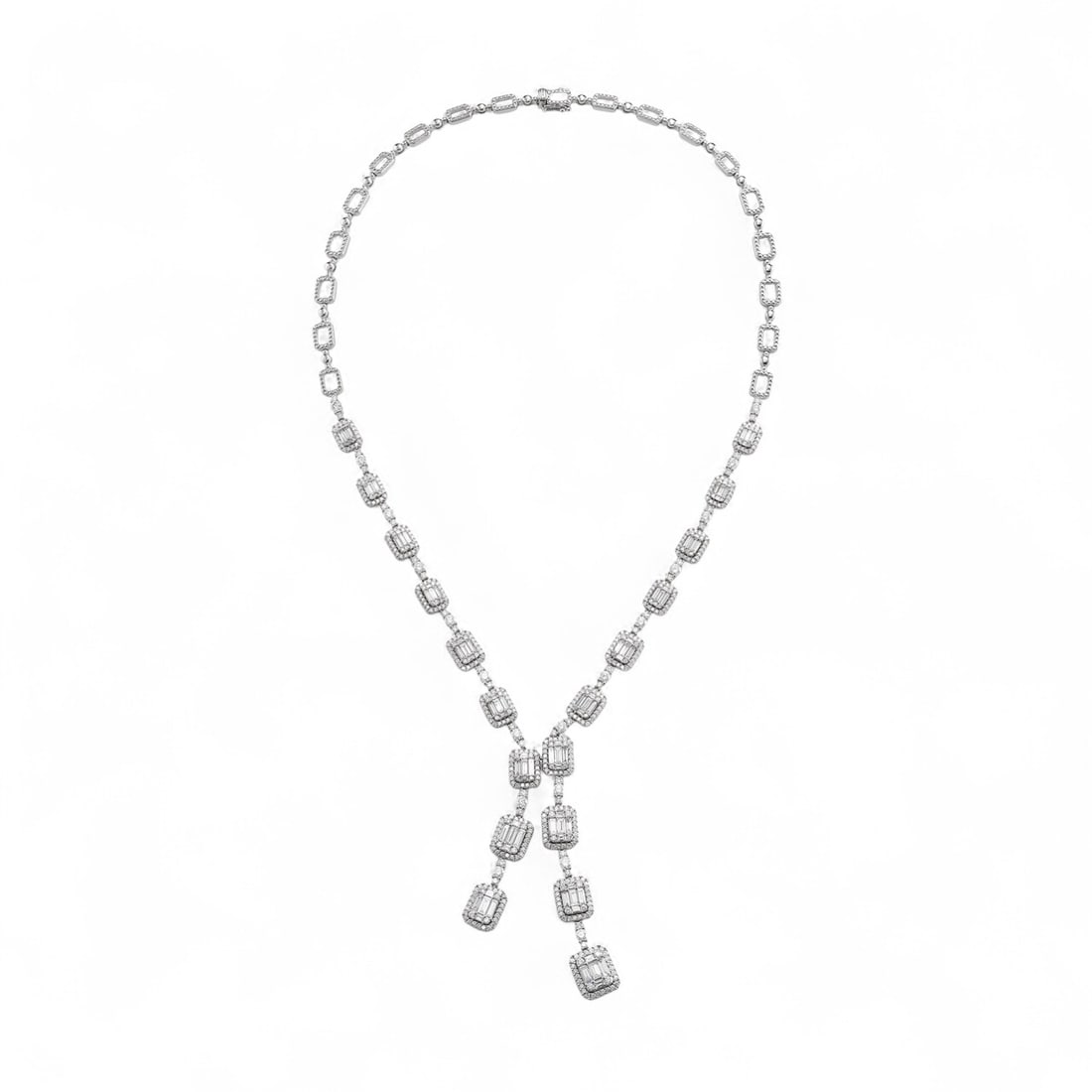 8.83 Ctw Empress Baguette Negligee White Diamond Modern 18K White Gold Necklace - Certified: Exuding opulence and grace, this magnificent Empress Baguette Negligee necklace featuring Natural Diamonds is crafted for the distinguished. Showcasing the gems in a Pave arrangement, the necklace con