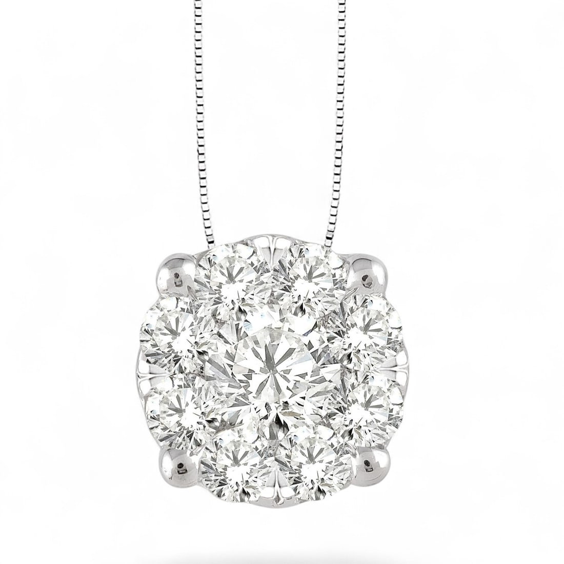 1.04 Ctw Cluster Diamond Modern 14K White Gold Pendant - Certified: A testament to superior craftsmanship, this stunning Cluster pendant featuring Natural Diamonds is unparalleled. A detailed Cluster gallery secures the stones, rendered in 1.7 grams of lustrous 14K Wh