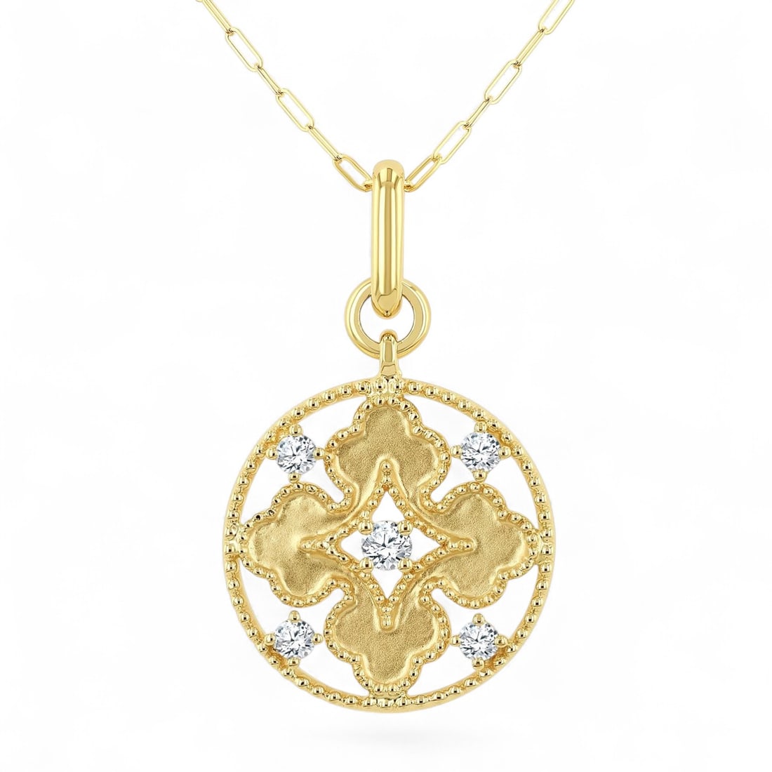 0.2 Ctw Floral Motif White Diamond Modern 10K Yellow Gold Pendant - Certified: A symphony of light and color, this stunning Floral Medallion pendant featuring Natural Diamonds embodies the pinnacle of luxury. Expertly mounted in a Medallion setting, the pendant is crafted in 2.4