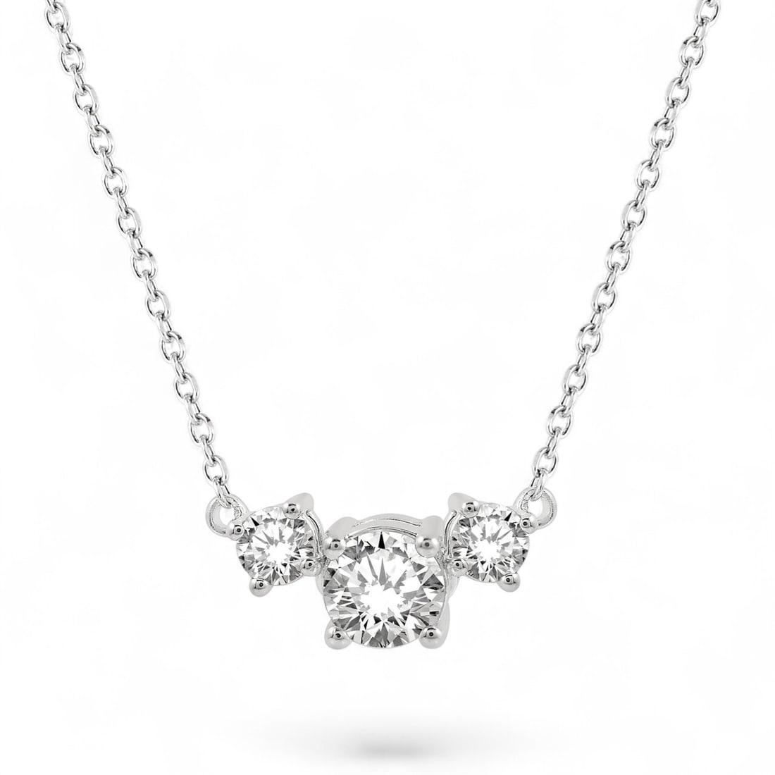 0.5 Ctw Three Stone Round Cut White Diamond Modern 14K White Gold Necklace - Certified: A testament to superior craftsmanship, this magnificent Three Stone necklace featuring Natural Diamonds is unparalleled. A detailed Three-Stone gallery secures the stones, rendered in 0.65 grams of lu