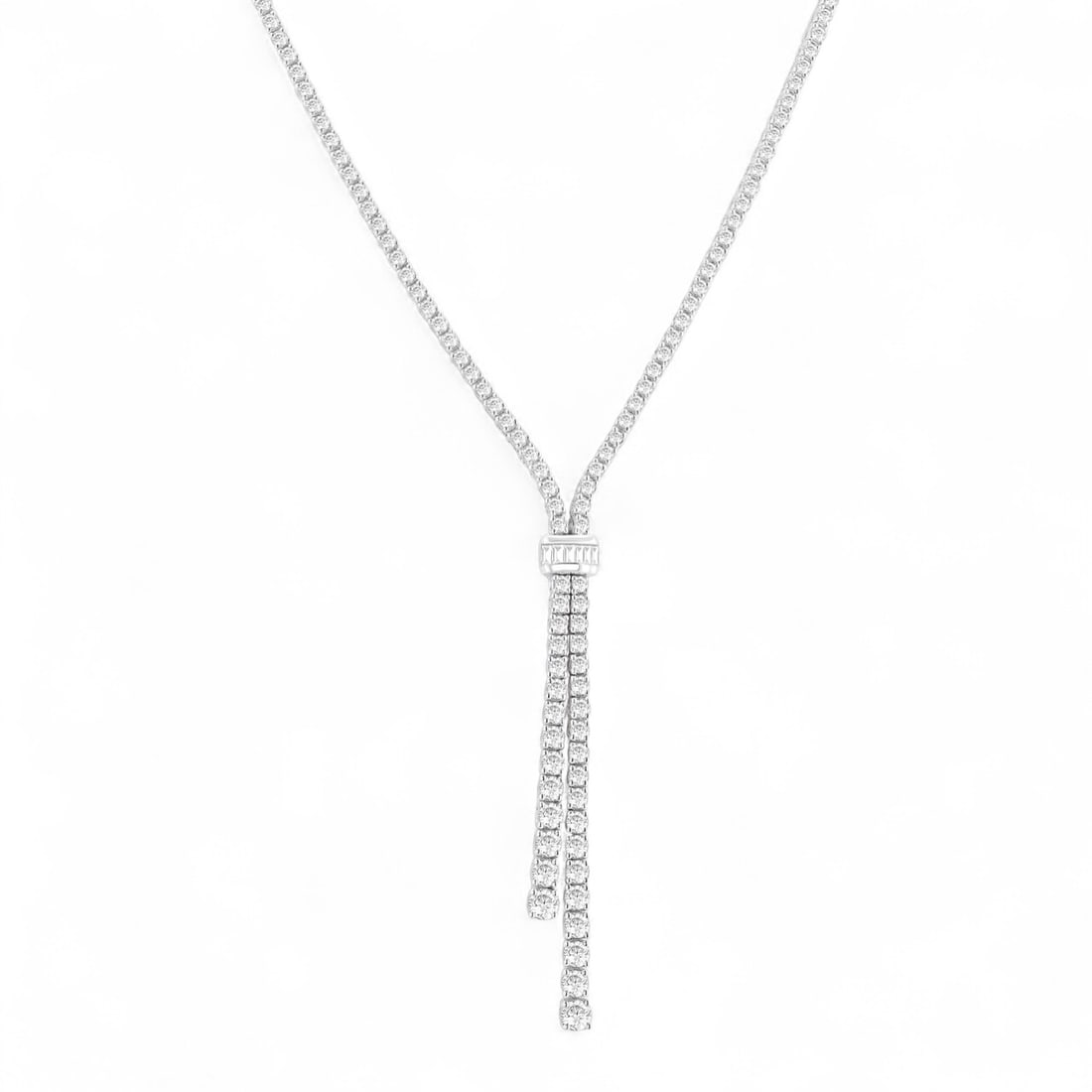 5.17 Ctw Split Y-Shape Lariat Diamond Modern 14K White Gold Necklace - Certified: A symphony of light and color, this magnificent Split Y-Shape Lariat necklace featuring Natural Diamonds embodies the pinnacle of luxury. Expertly mounted in a Prong setting, the necklace is crafted i