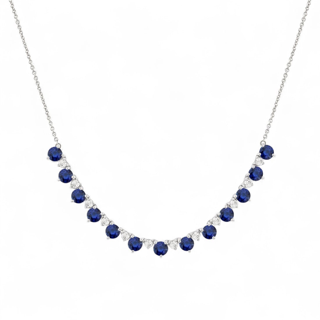 3.5 MM Sapphire and 0.48 Ctw Precious Tennis White Diamond Modern 14K White Gold Necklace -: Rare and radiant, this stunning Precious Tennis necklace featuring Natural Diamonds and Sapphires offers a touch of the extraordinary. Crafted with precision, the Prong setting is seamlessly integrate