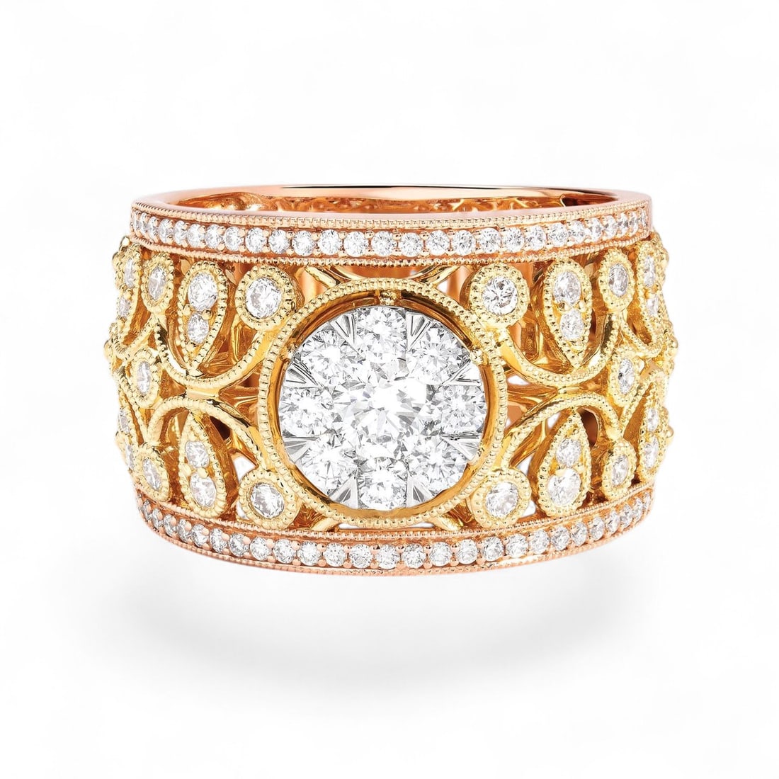 1.17 Ctw Cluster Round White Diamond Modern 18K Tri-Color Gold Ring - Certified: Defining modern elegance, this magnificent Cluster ring featuring Natural Diamonds captures the essence of style. The gemstones are nestled within a Cluster framework, supported by a substantial 12.05