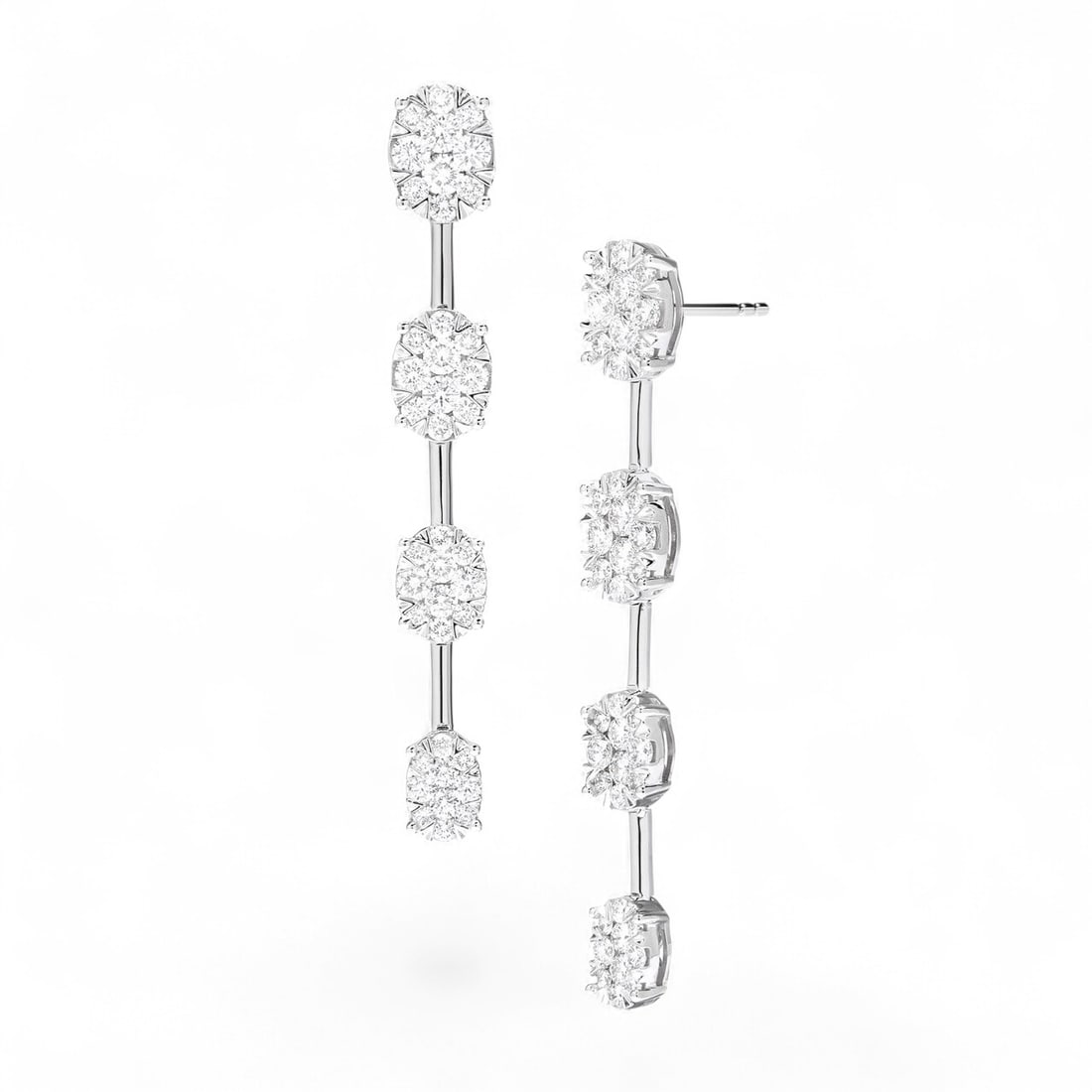 2.4 Ctw Fiori Oval Bar 4-Station Cluster White Diamond Modern 18K White Gold Earrings - Certified: Exuding opulence and grace, this elegant Fiori Oval Bar 4-Station Cluster pair of earrings featuring Natural Diamonds is crafted for the distinguished. Showcasing the gems in a Cluster arrangement, th