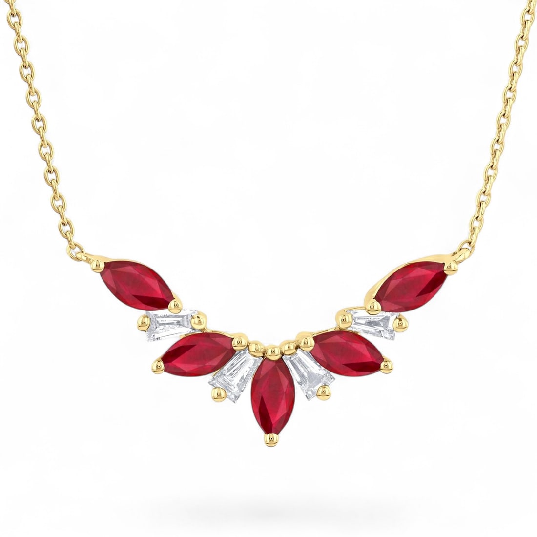 5x2.5 MM Rubies and 0.18 Ctw Baguette Cut White Diamond Modern 14K Yellow Gold Necklace - Certified: A symphony of light and color, this stunning Marquise Cut Ruby necklace featuring Natural Diamonds and Rubies embodies the pinnacle of luxury. The gemstones are nestled within a Prong framework, suppo