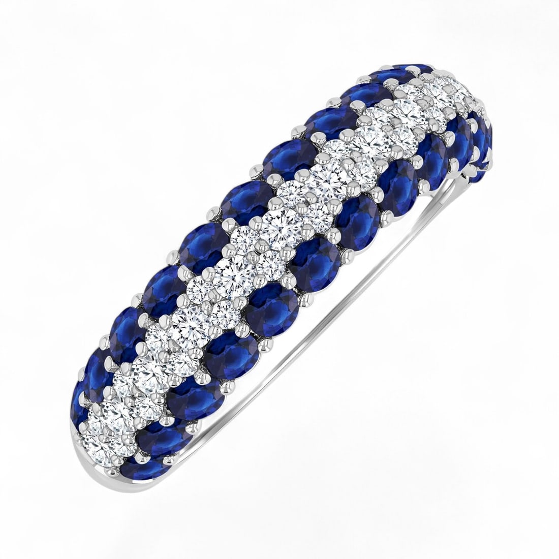 2.4 MM Blue Sapphire and 0.52 Ctw Diamond Center Border Precious Band Modern 14K White Gold Ring -: Epitomizing grandeur, this magnificent triple-row design ring featuring Natural Diamonds and Blue Sapphires stands as a beacon of refined taste. A detailed Multi-Row Band gallery secures the stones, r