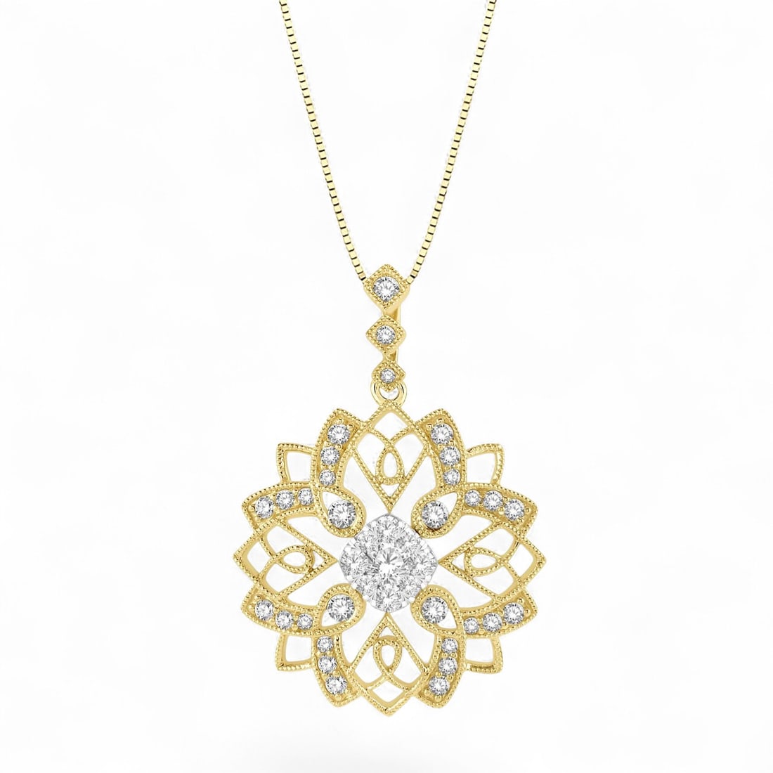 0.6 Ctw Floral Lattice White Diamond Edwardian 14K Yellow And White Gold Pendant - Certified: Defining modern elegance, this exquisite Floral Lattice Cluster pendant featuring Natural Diamonds captures the essence of style. The gemstones are nestled within an Illusion framework, supported by a