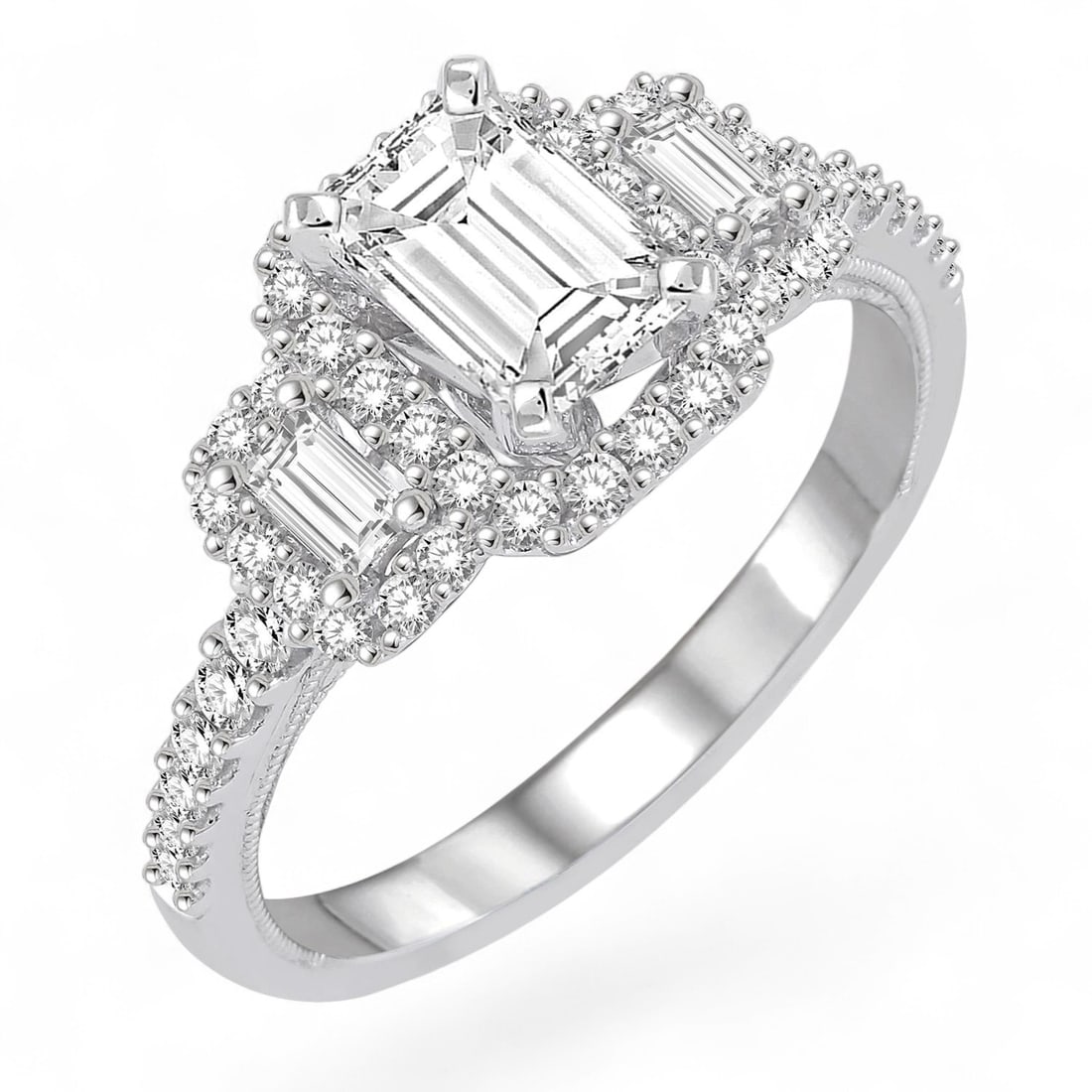 1.03 Ctw Engagement Milgrain White Diamond Modern 14K White Gold Ring - Certified: Exuding opulence and grace, this exquisite Engagement Milgrain ring featuring Natural Diamonds is crafted for the distinguished. A detailed Three-Stone gallery secures the stones, rendered in 2.4 gram