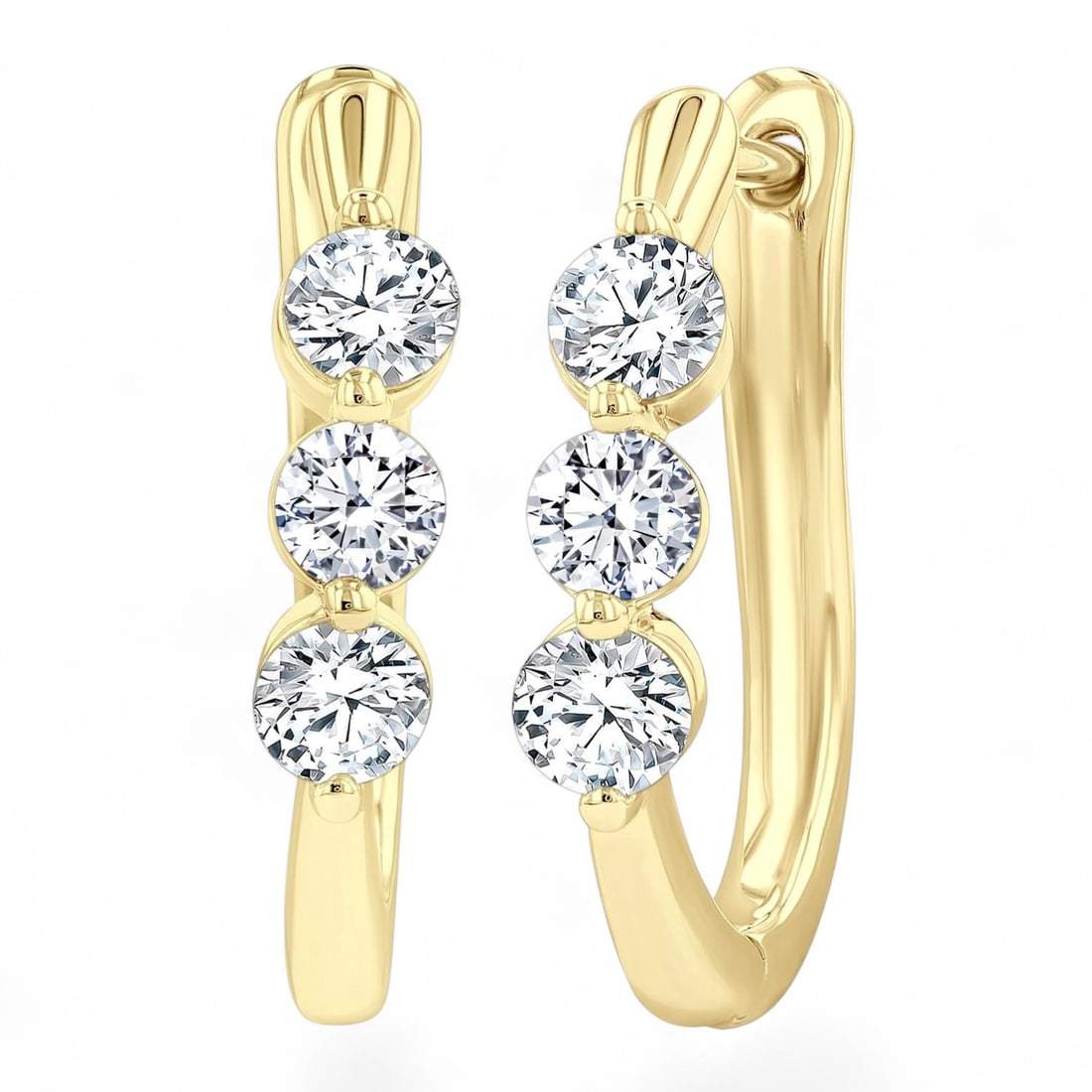 0.76 Ctw 3-Stone Fashion Hoop White Diamond Modern 14K Yellow Gold Earrings - Certified: Rare and radiant, this stunning 3-Stone Fashion Hoop pair of earrings featuring Natural Diamonds offers a touch of the extraordinary. A detailed Prong gallery secures the stones, rendered in 3.35 gram