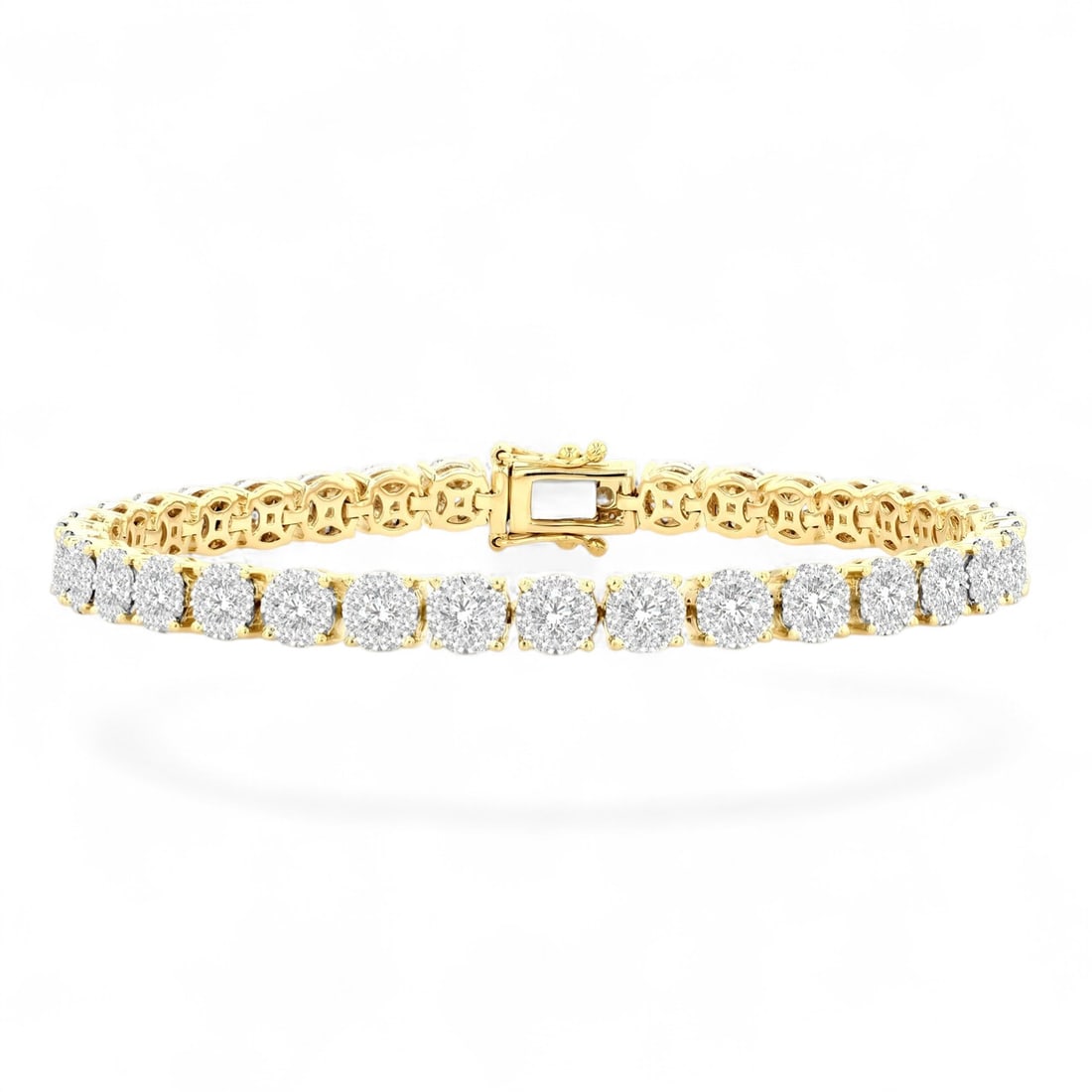 5.04 Ctw Cluster Tennis White Diamond Modern 14K Yellow And White Gold Bracelet - Certified: An exquisite masterpiece of haute joaillerie, this magnificent Cluster Tennis bracelet featuring Natural Diamonds is a true treasure. Showcasing the gems in a Cluster arrangement, the bracelet consist