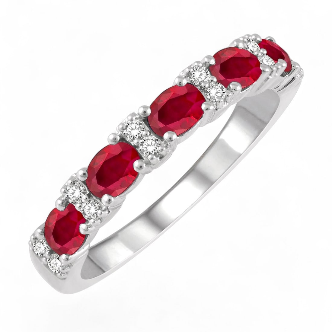 4x3 MM Ruby and 0.15 Ctw Precious Band White Diamond Modern 14K White Gold Ring - Certified: Captured in a moment of brilliance, this magnificent Precious Band ring featuring Natural Diamonds and Rubies speaks to the connoisseur. Expertly mounted in a Band setting, the ring is crafted in 3.0