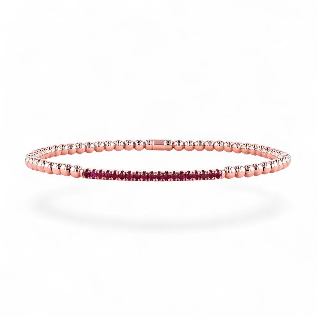 Sereno Gold Bead & Gemstone Bar Stretch Ruby Modern 18K Rose Gold Bracelet - Certified: Rare and radiant, this stunning Sereno Gold Bead & Gemstone Bar Stretch bracelet featuring Natural Rubies offers a touch of the extraordinary. Showcasing the gems in a Channel arrangement, the bracele