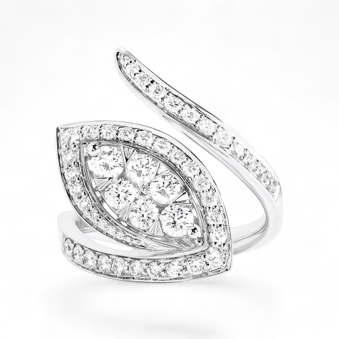 1.27 Ctw Fiori Marquise Avant-Garde Cluster White Diamond Modern 18K White Gold Ring - Certified: A vision of luxury, this magnificent Cocktail ring featuring Natural Diamonds defines sophistication. Securely held in a classic Cluster design, the ring is forged from 7.35 grams of high-polish 18K W