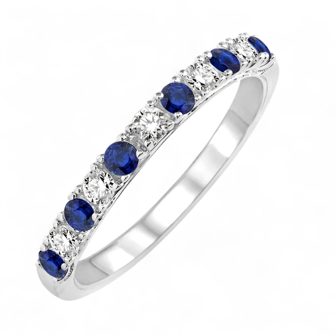 2.2 MM Blue Sapphire and 0.23 Ctw Precious Band Diamond Modern 14K White Gold Ring - Certified: An exquisite masterpiece of haute joaillerie, this magnificent Precious Band ring featuring Natural Diamonds and Sapphires is a true treasure. Crafted with precision, the Shared Prong setting is seaml
