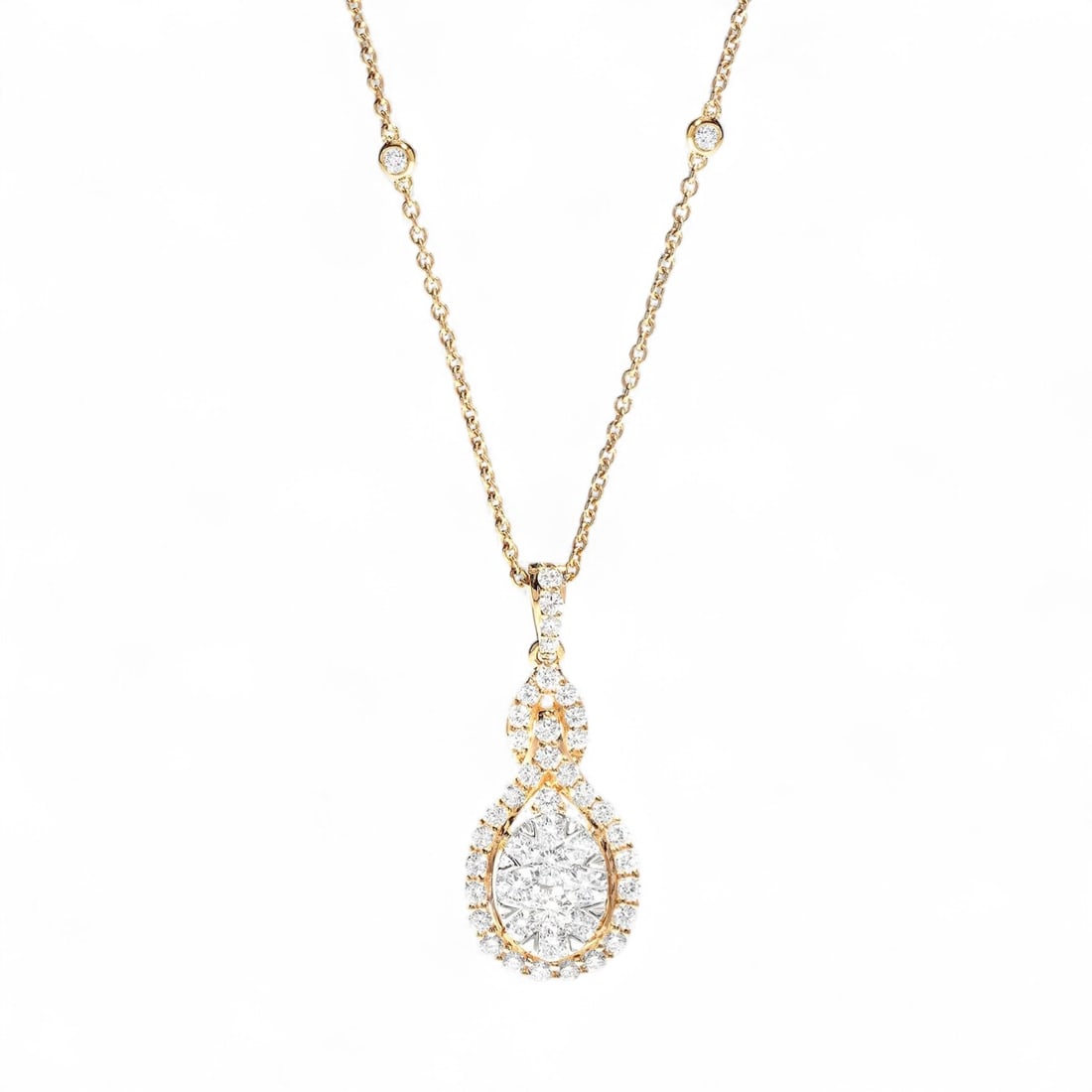 1.49 Ctw Intertwined Cluster White Diamond Modern 18K Yellow & White Gold Pendant - Certified: An exquisite masterpiece of haute joaillerie, this magnificent Intertwined Cluster pendant featuring Natural Diamonds is a true treasure. A detailed Cluster gallery secures the stones, rendered in 3.2