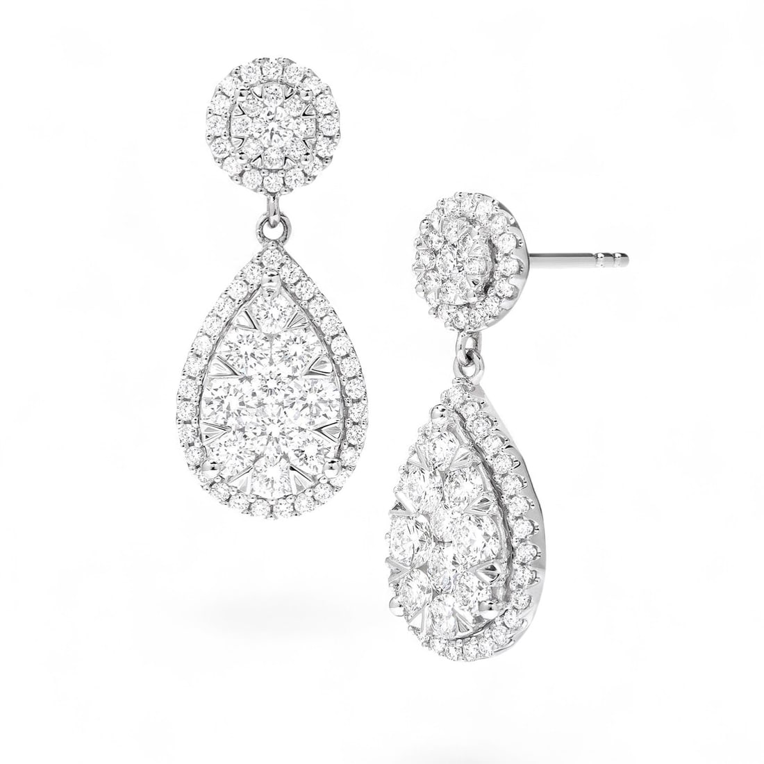 1.93 Ctw Fiori Round & Pear Drop Cluster White Diamond Modern 18K White Gold Earrings - Certified: Epitomizing grandeur, this stunning Fiori Round & Pear Drop Cluster pair of earrings featuring Natural Diamonds stands as a beacon of refined taste. A detailed Halo gallery secures the stones, rendere