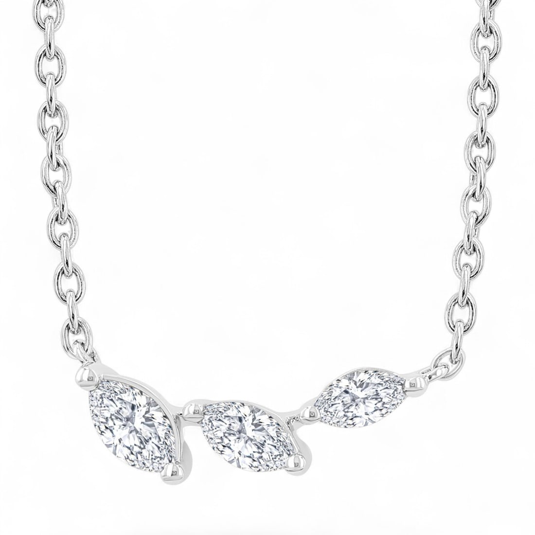 0.16 Ctw Graduated Marquise Cut Fashion White Diamond Modern 14K White Gold Necklace - Certified: A vision of luxury, this stunning Graduated Marquise Cut Fashion necklace featuring Natural Diamonds defines sophistication. The gemstones are nestled within a Prong framework, supported by a substant